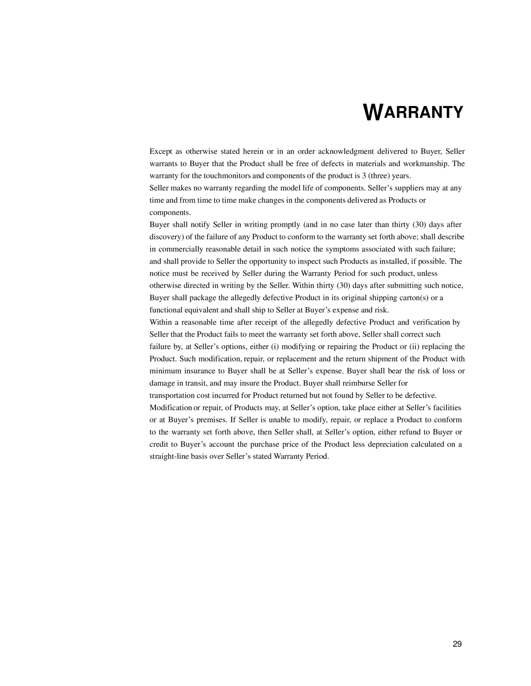 Elo TouchSystems 1939L manual Warranty 