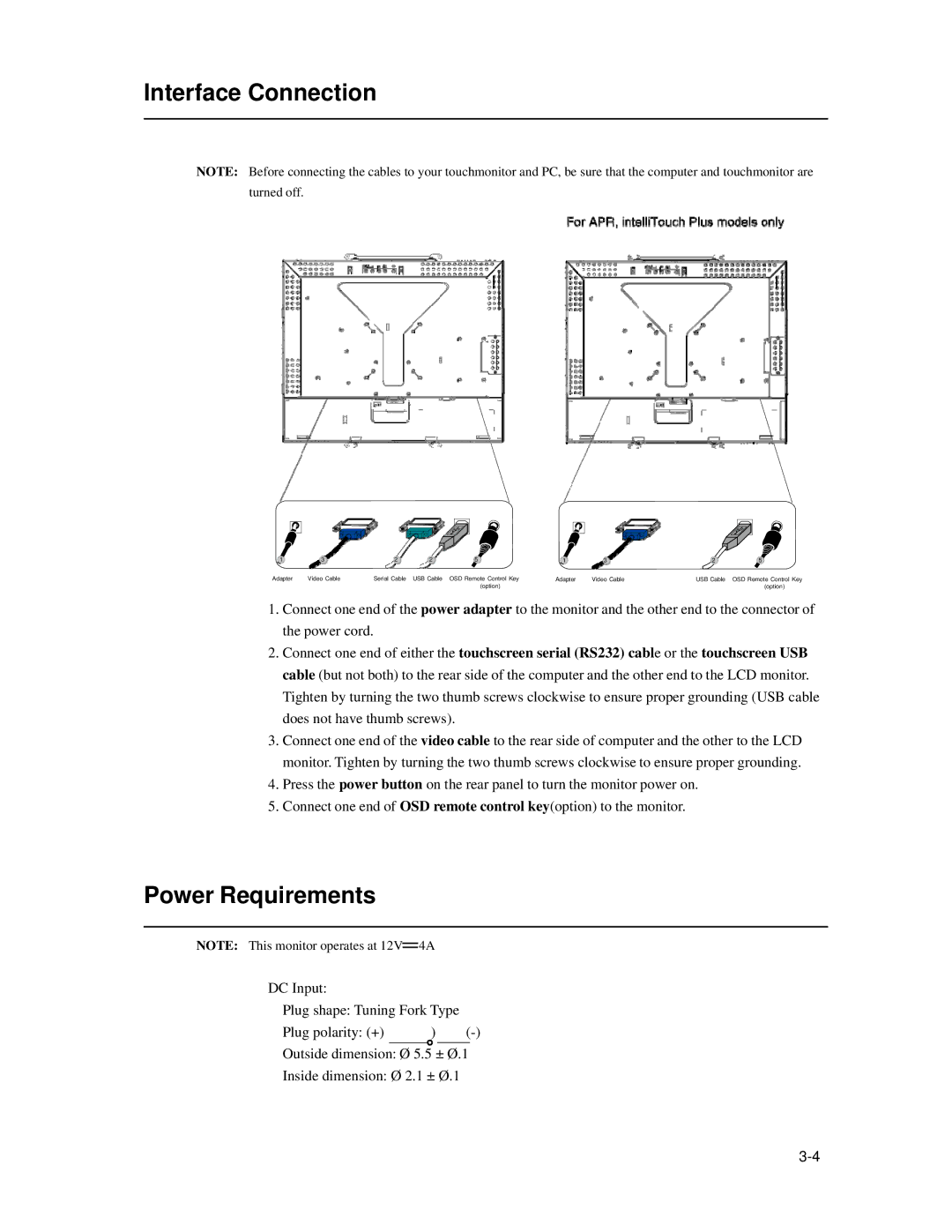 Elo TouchSystems 1939L manual Interface Connection, Power Requirements 