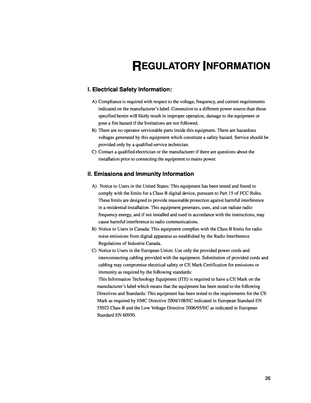 Elo TouchSystems 1939L Regulatory Information, I. Electrical Safety Information, II. Emissions and Immunity Information 
