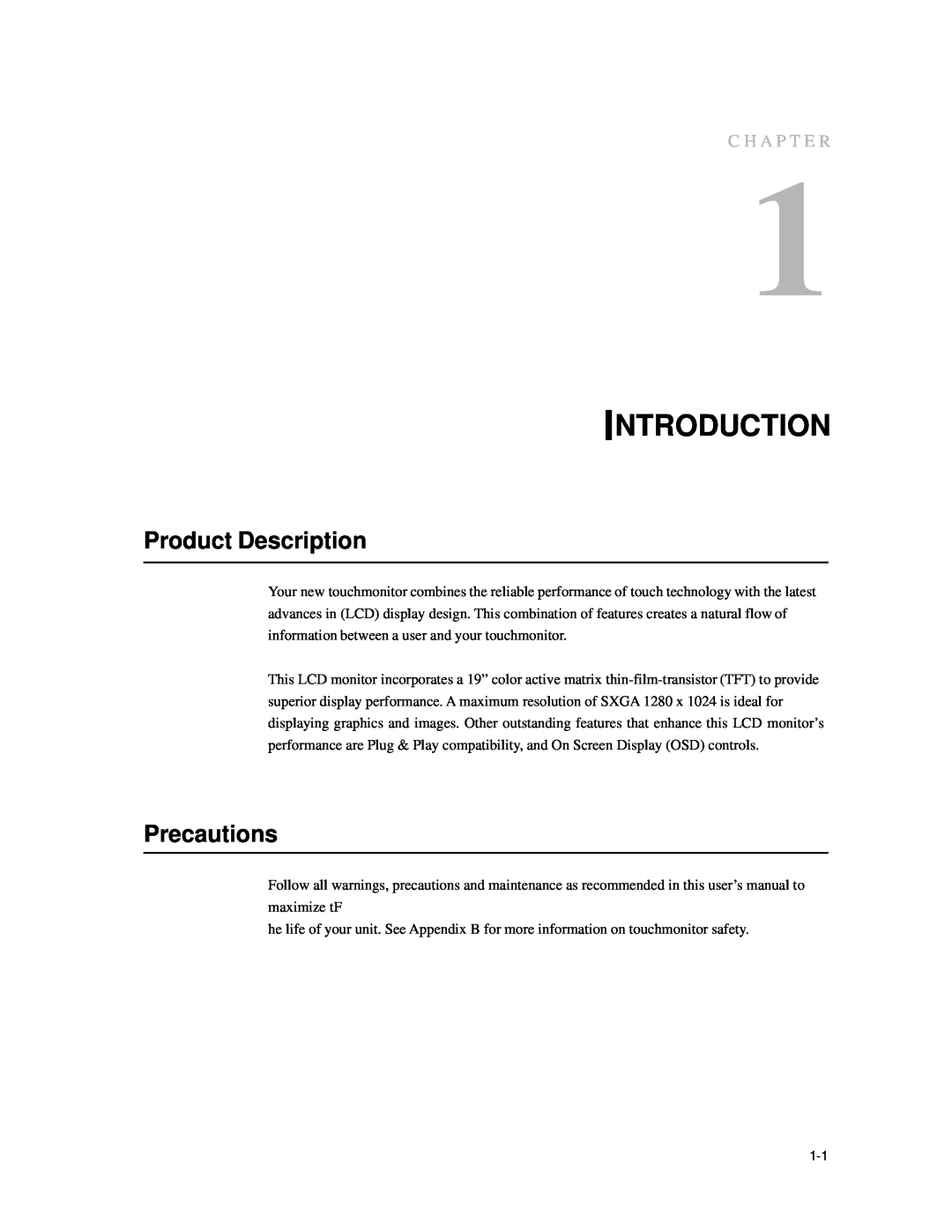 Elo TouchSystems 1939L manual Introduction, Product Description, Precautions, C H A P T E R 
