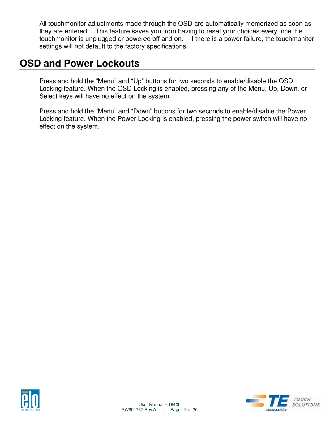 Elo TouchSystems 1940L user manual OSD and Power Lockouts 