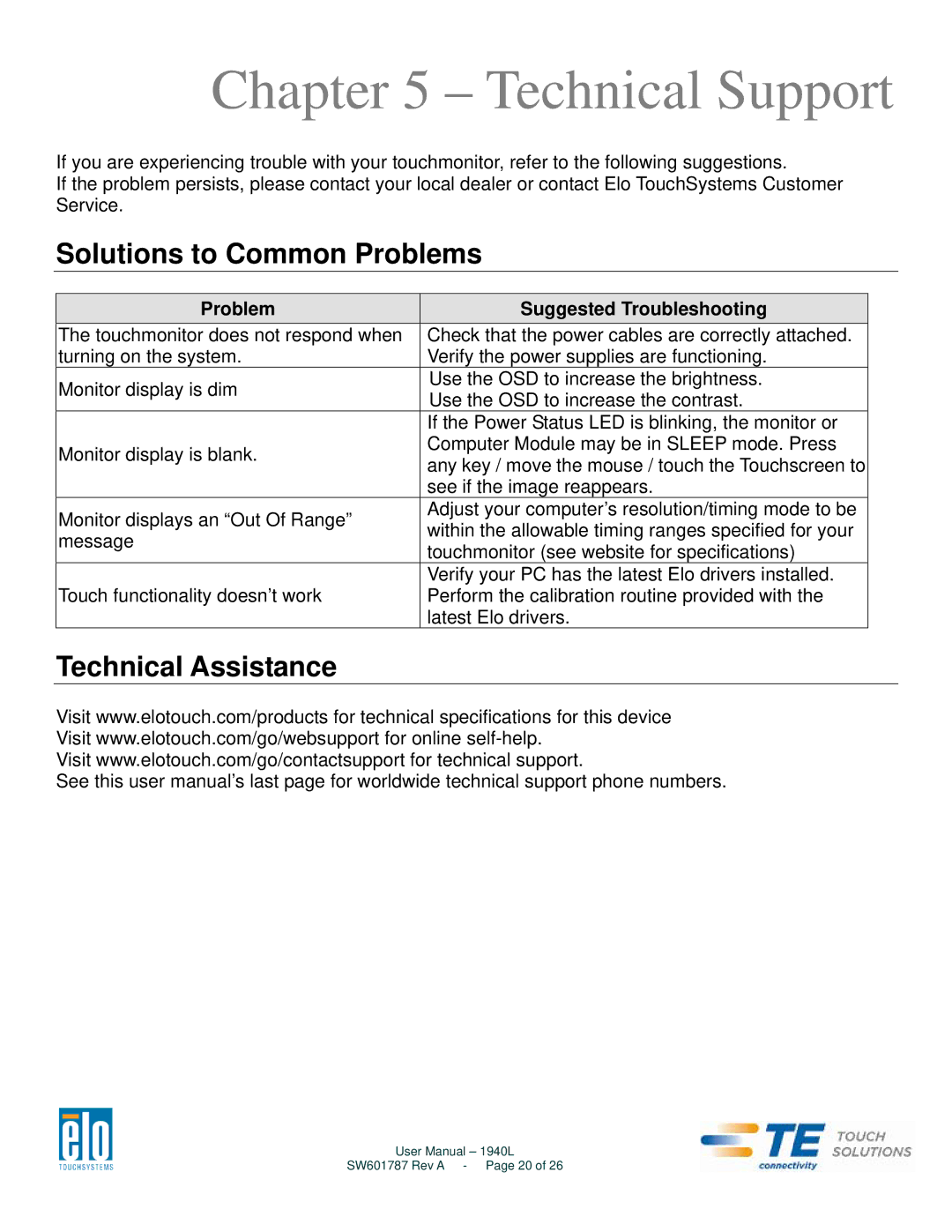 Elo TouchSystems 1940L user manual Technical Support, Solutions to Common Problems, Technical Assistance 