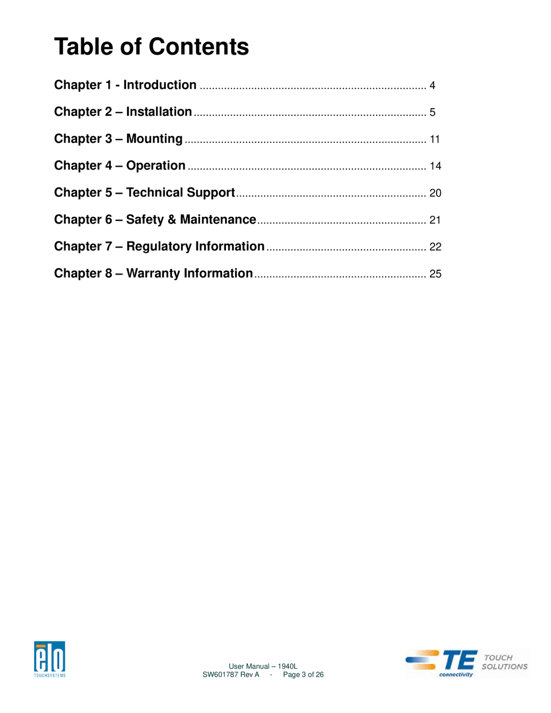 Elo TouchSystems 1940L user manual Table of Contents 