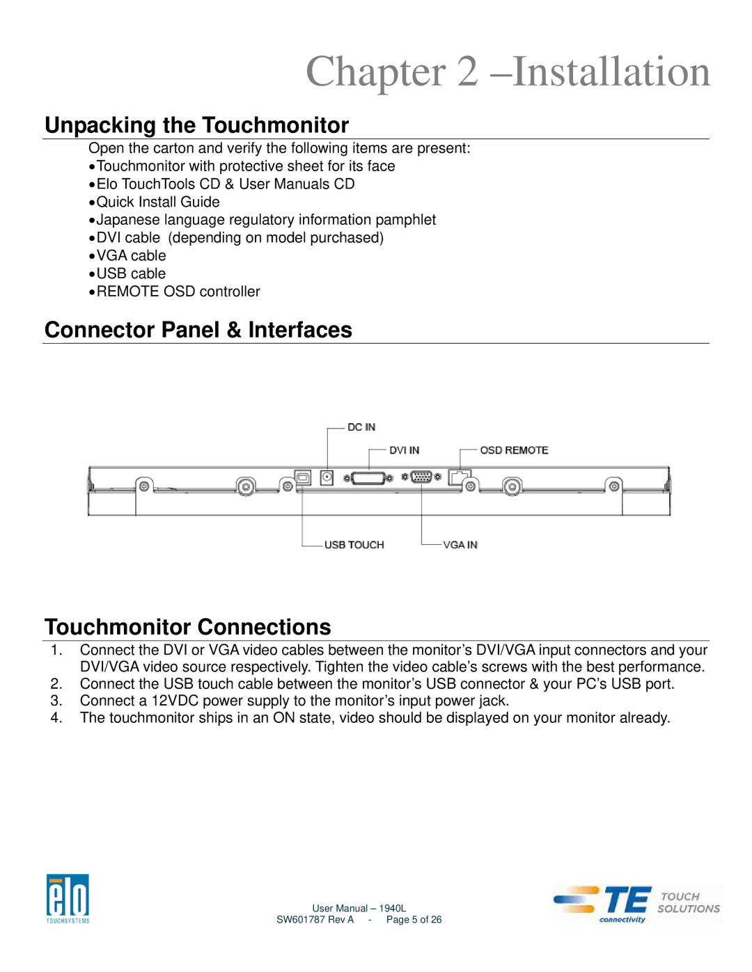 Elo TouchSystems 1940L Installation, Unpacking the Touchmonitor, Connector Panel & Interfaces Touchmonitor Connections 