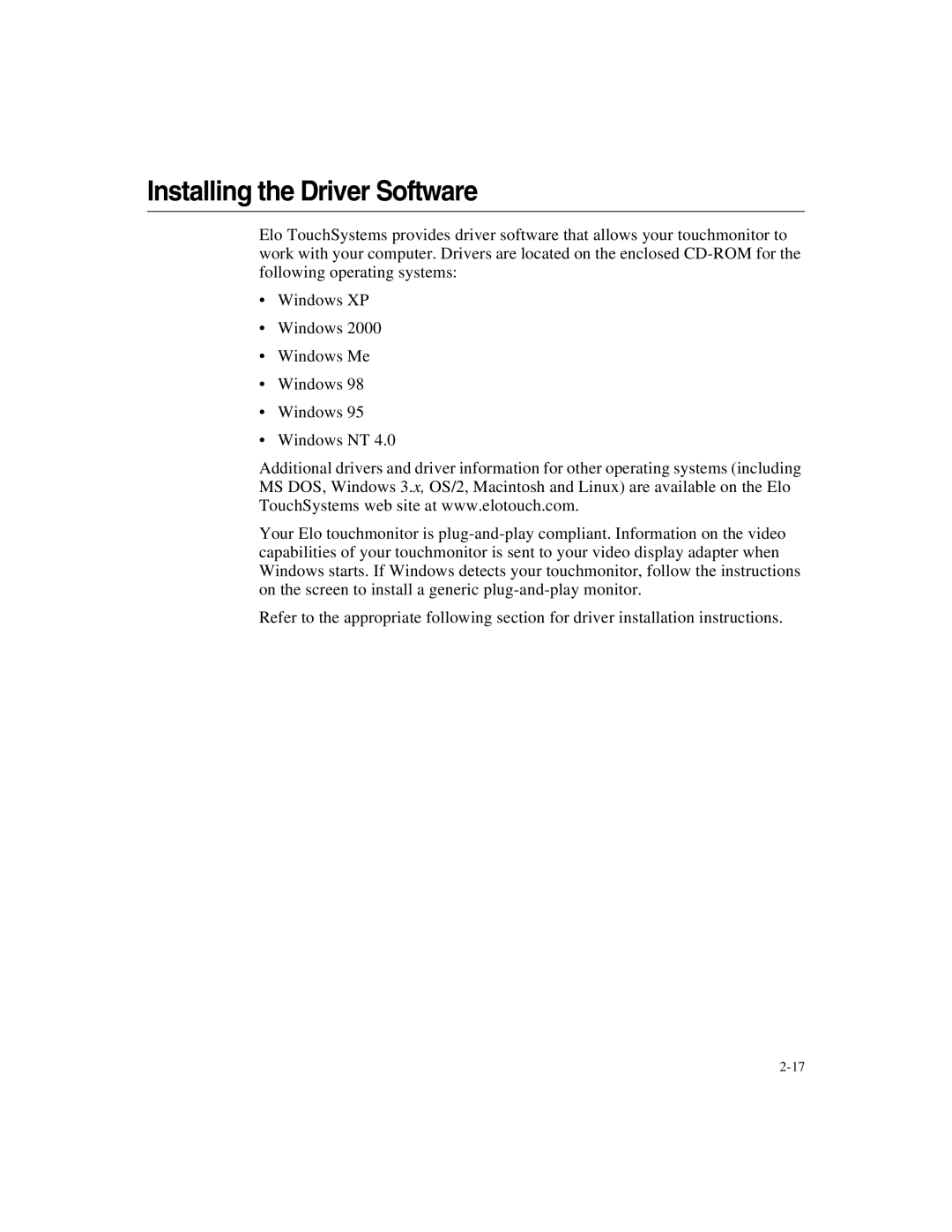 Elo TouchSystems 1947L manual Installing the Driver Software 