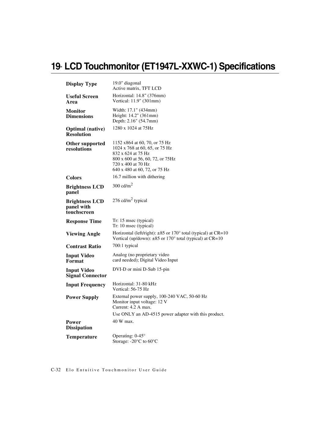 Elo TouchSystems manual LCD Touchmonitor ET1947L-XXWC-1 Specifications 