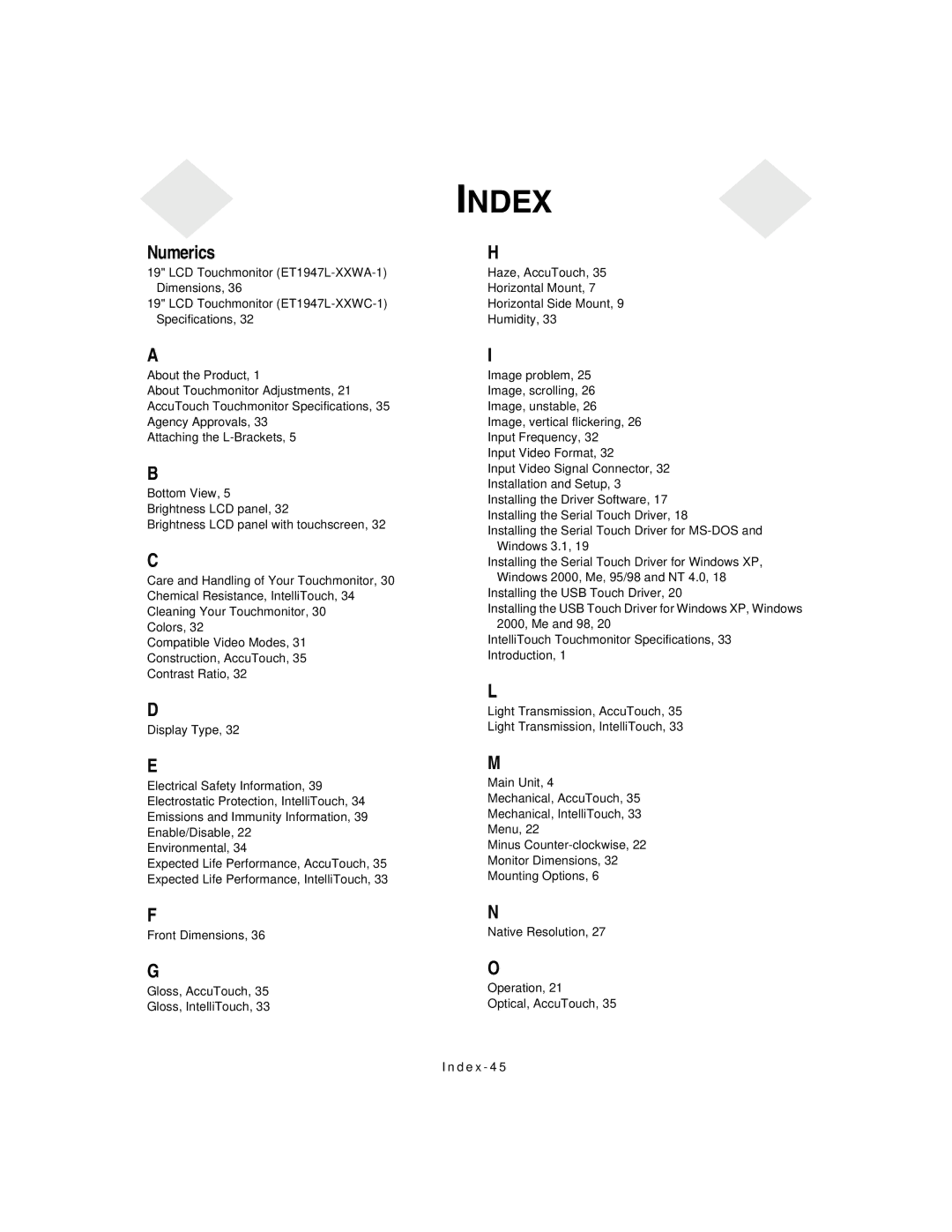 Elo TouchSystems 1947L manual Index 