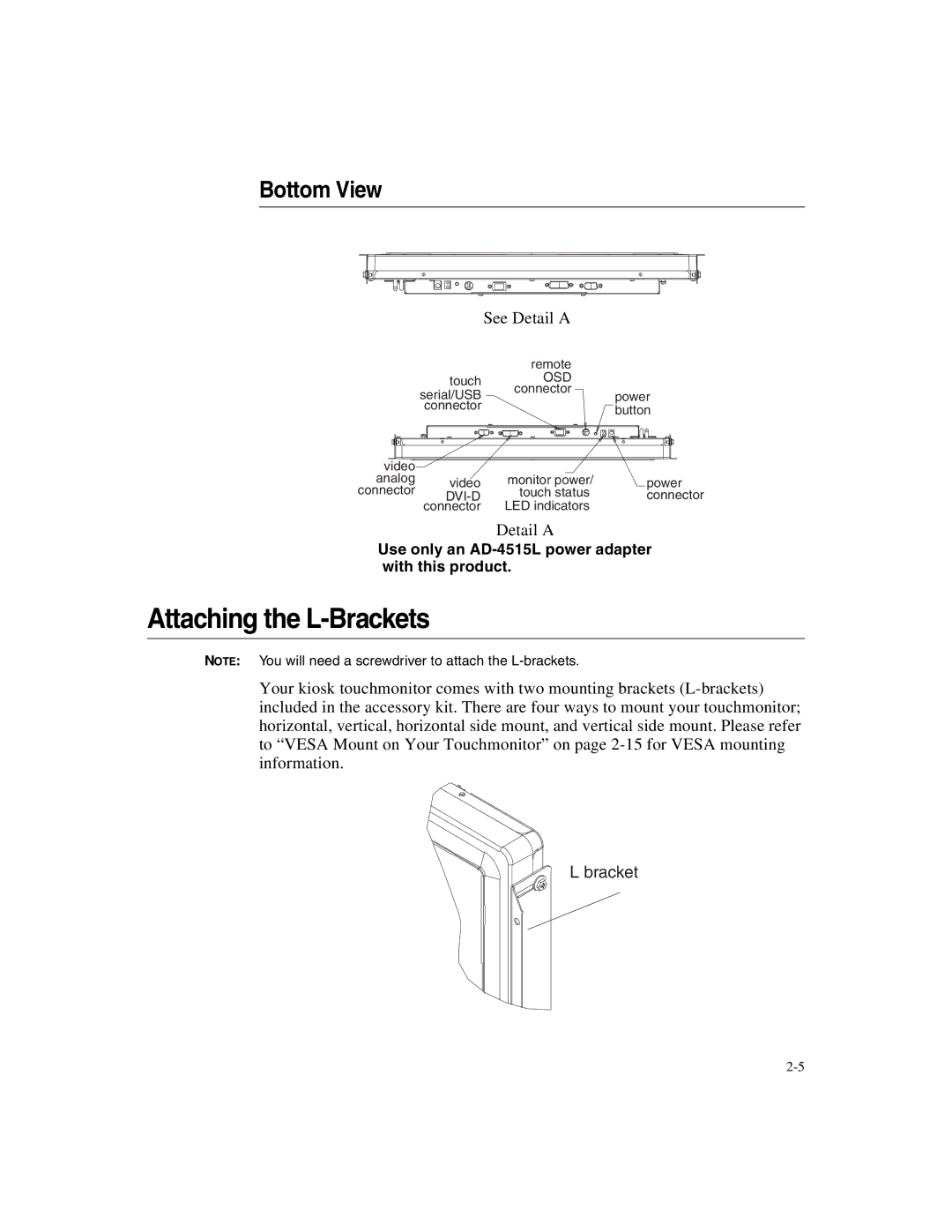 Elo TouchSystems 1947L manual Attaching the L-Brackets, Bottom View 