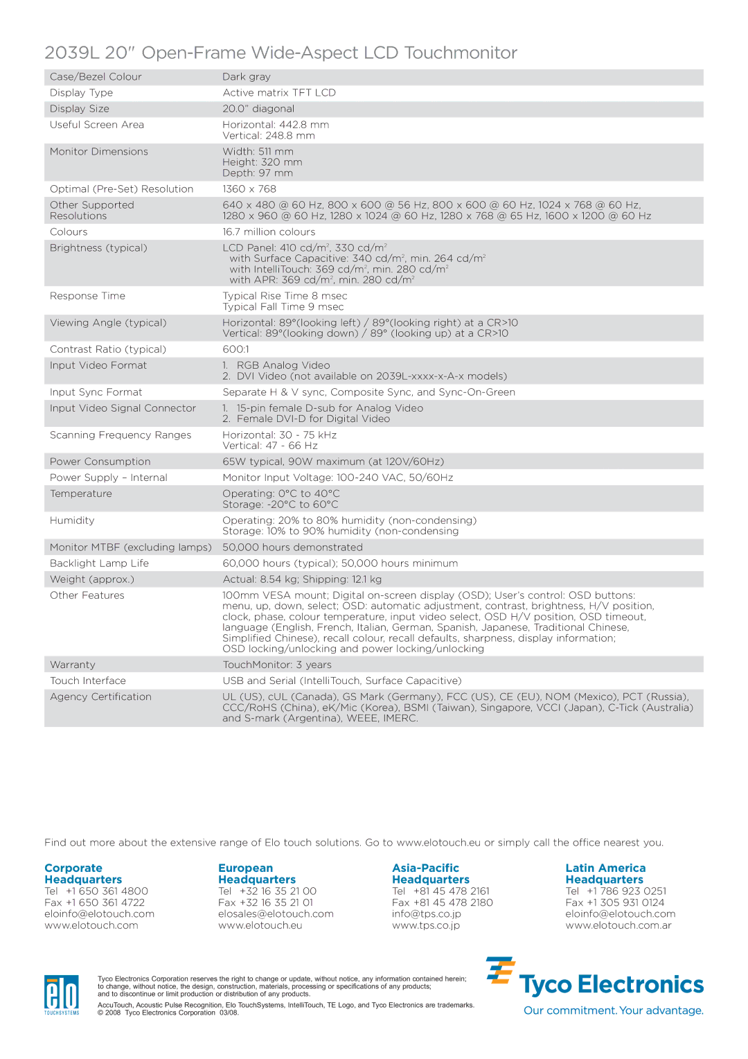 Elo TouchSystems specifications 2039L 20 Open-Frame Wide-Aspect LCD Touchmonitor 