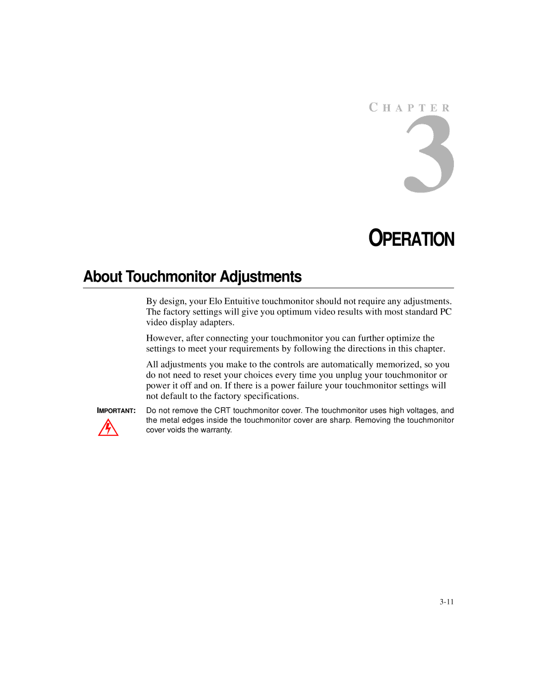 Elo TouchSystems 2125C Series manual Operation, About Touchmonitor Adjustments 