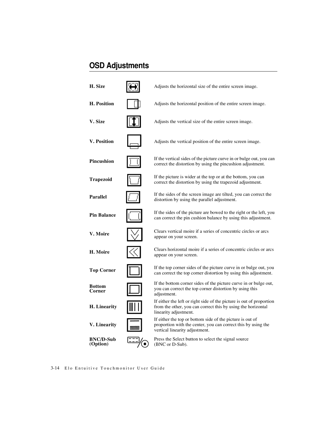 Elo TouchSystems 2125C Series manual OSD Adjustments 