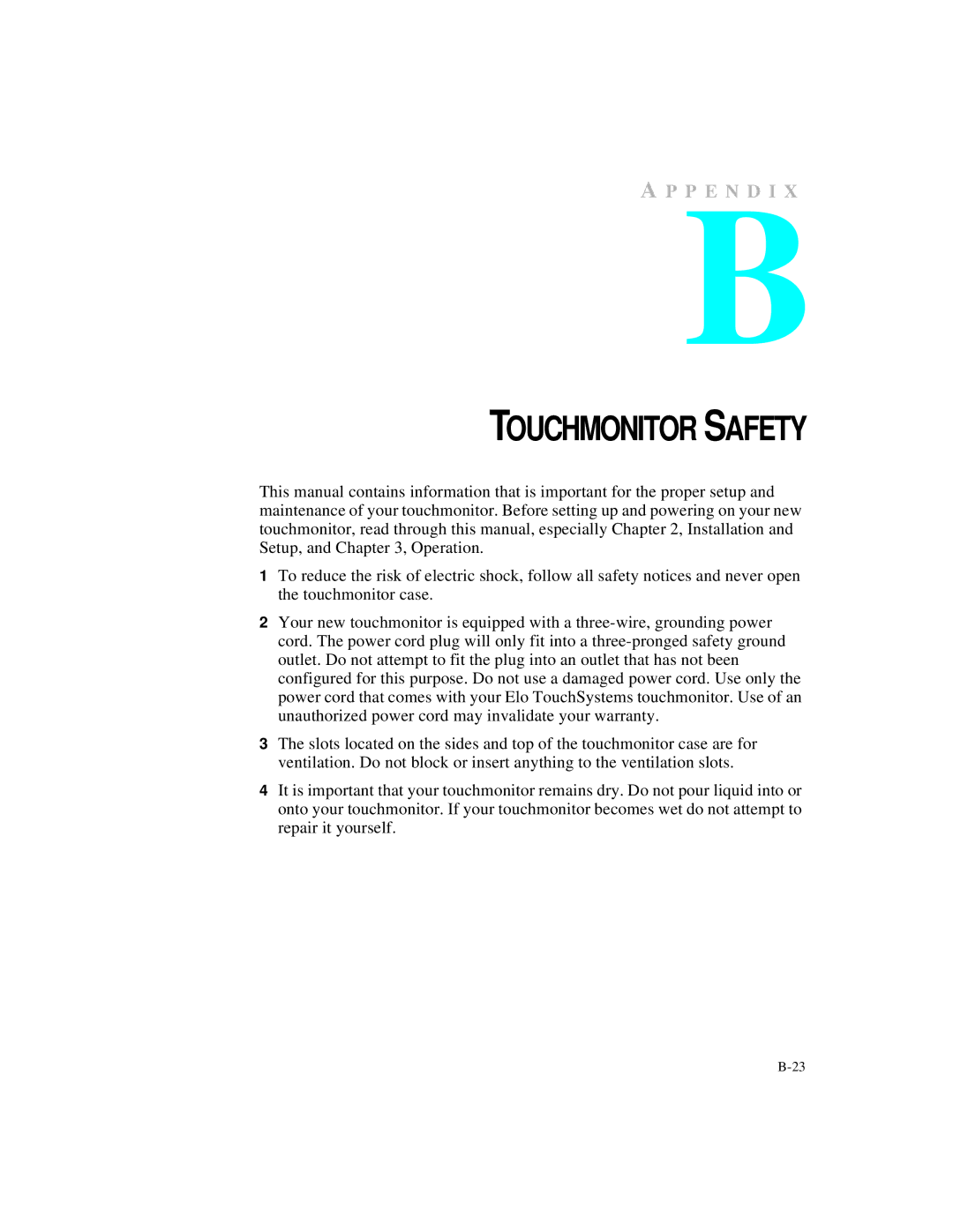 Elo TouchSystems 2125C Series manual Touchmonitor Safety 