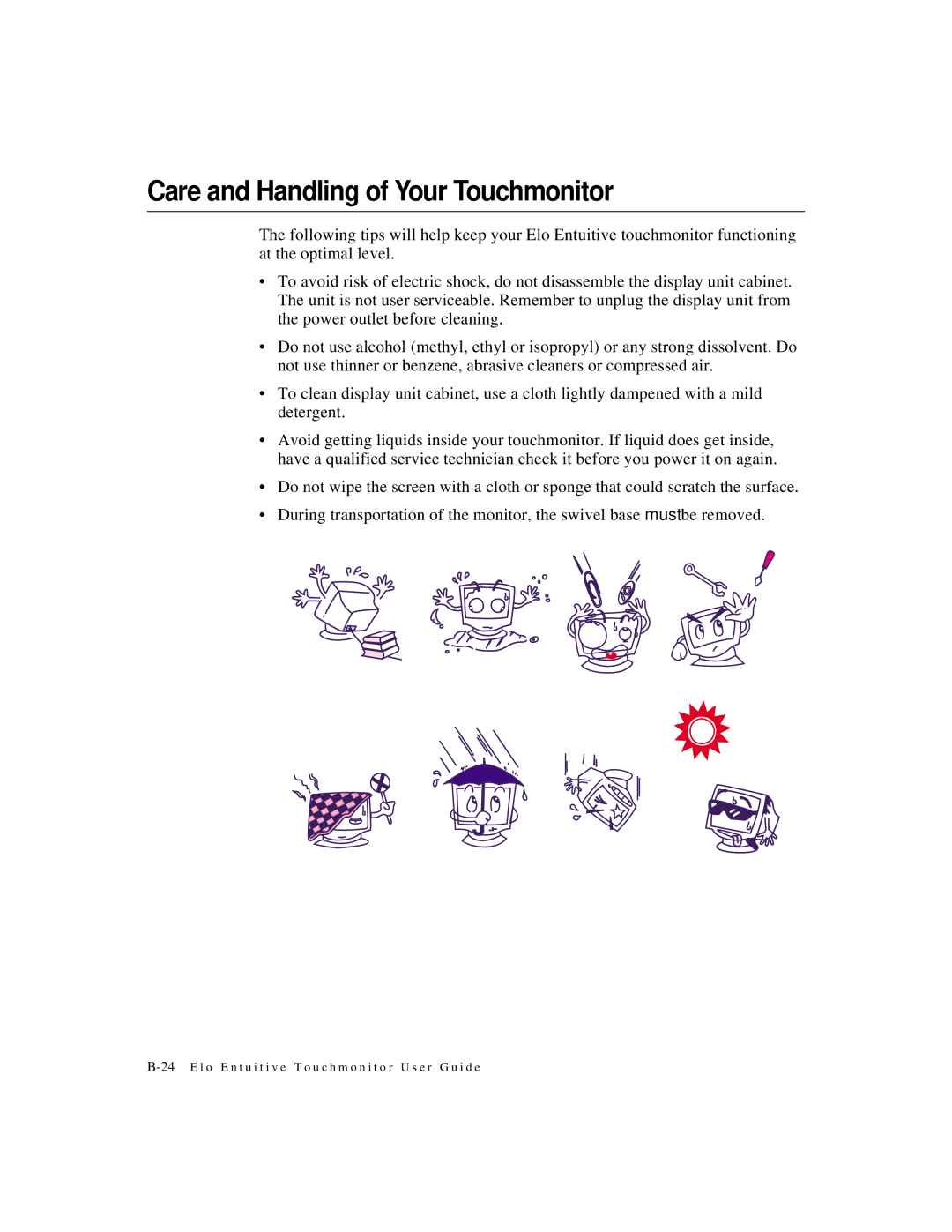 Elo TouchSystems 2125C Series manual Care and Handling of Your Touchmonitor 