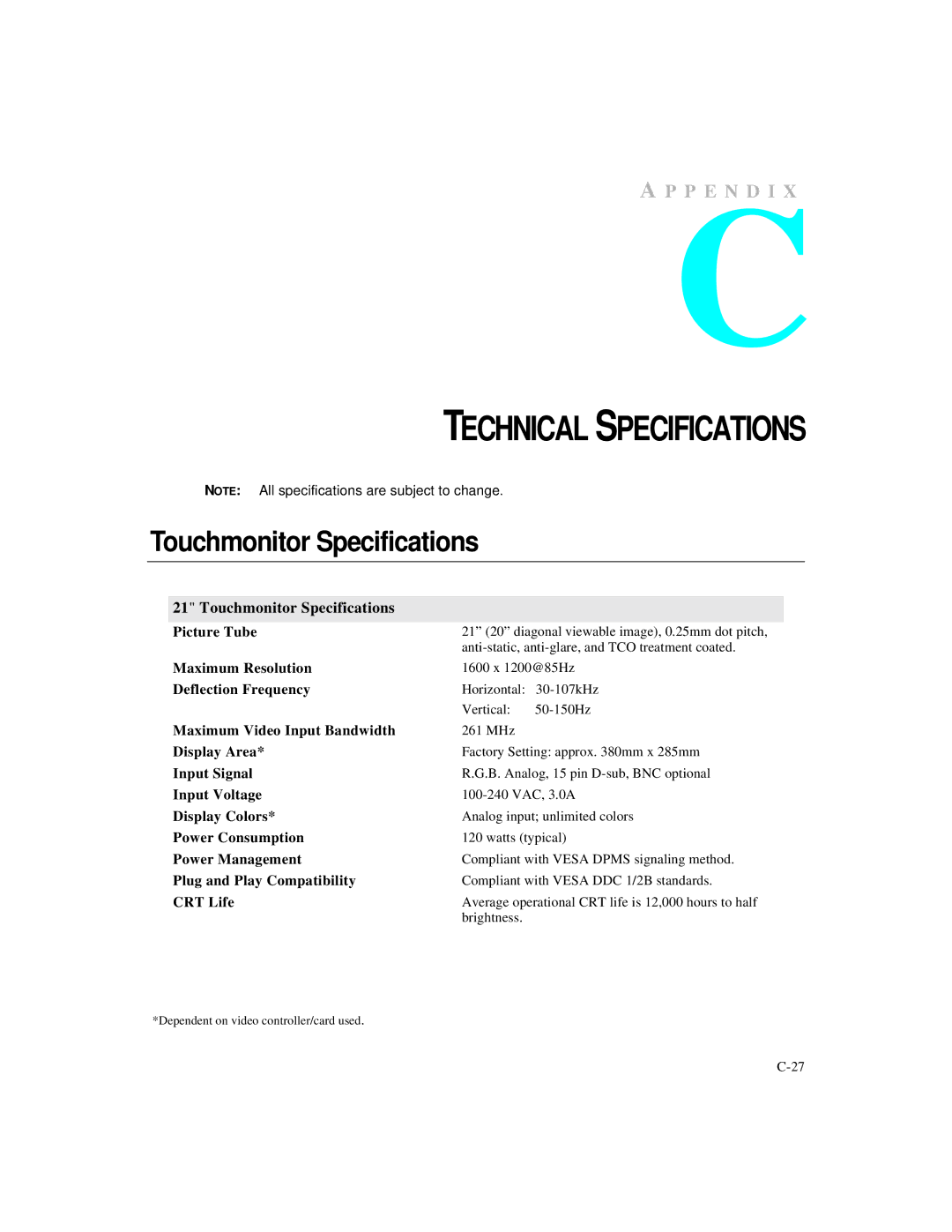 Elo TouchSystems 2125C Series manual Technical Specifications, Touchmonitor Specifications 