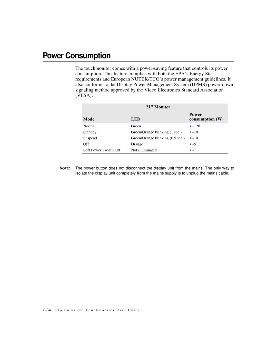 Elo TouchSystems 2125C Series manual Power Consumption, Monitor Power Mode, Consumption W 