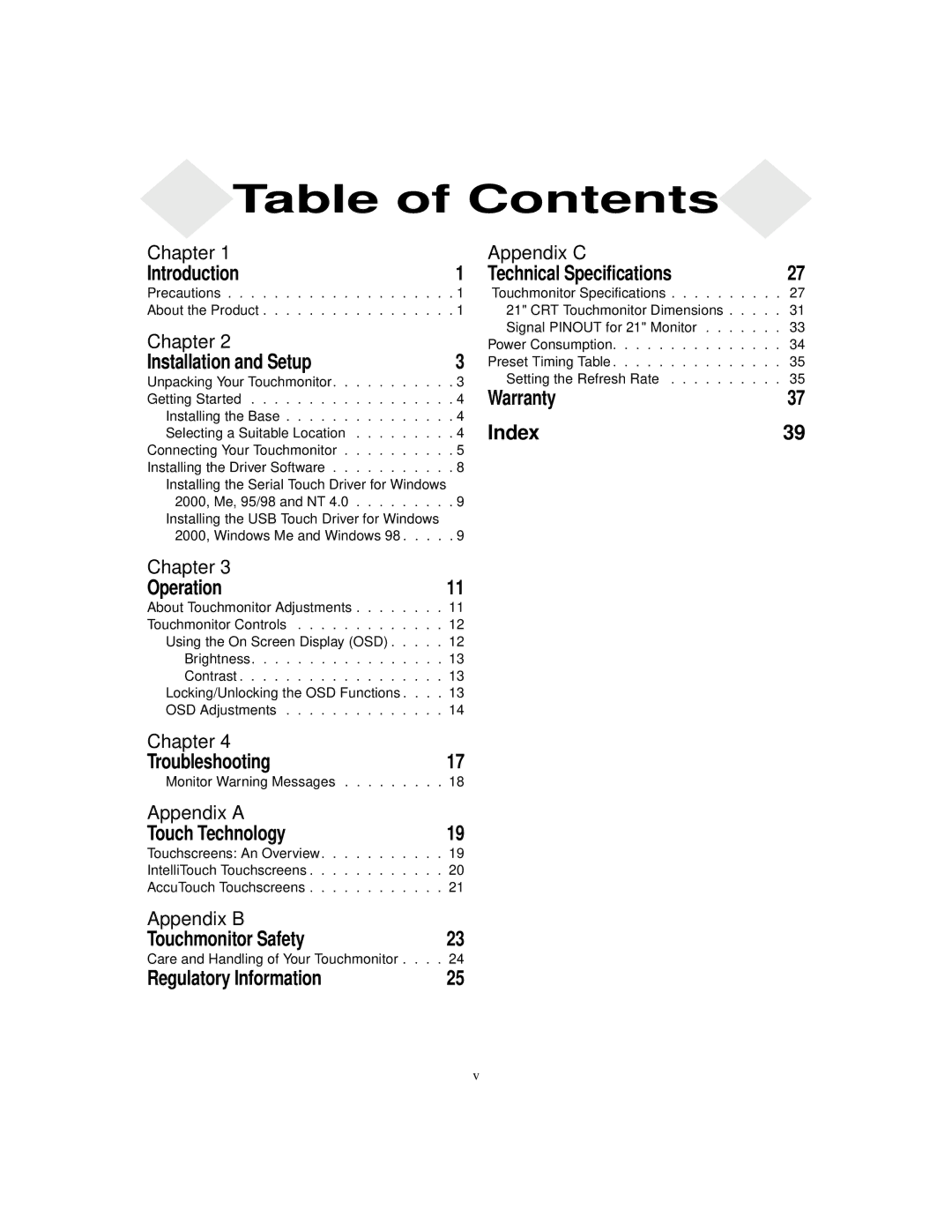 Elo TouchSystems 2125C Series manual Table of Contents 