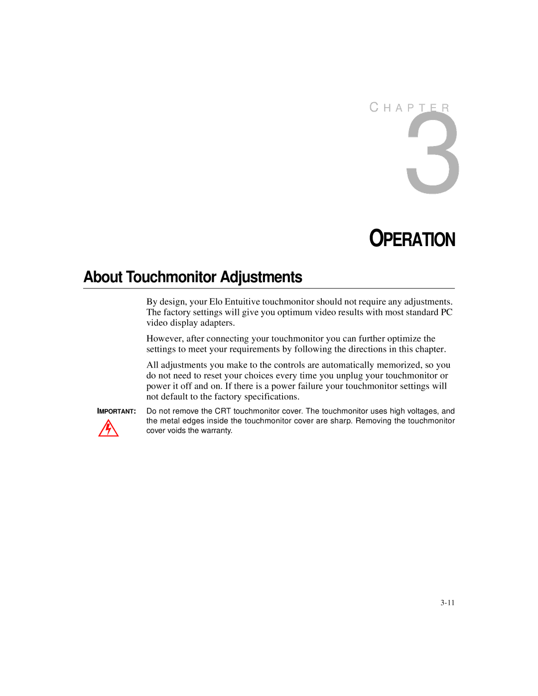 Elo TouchSystems 2125C manual Operation, About Touchmonitor Adjustments 