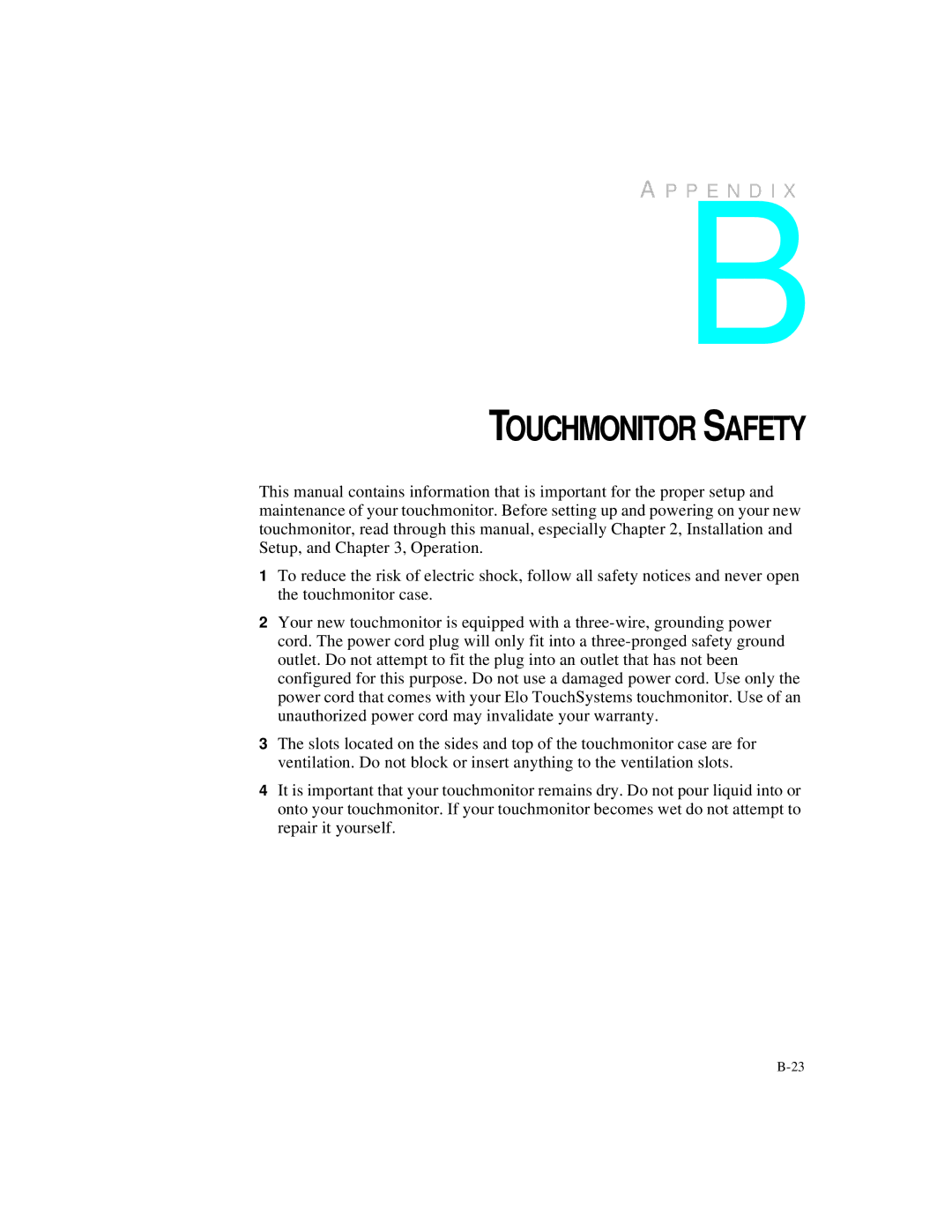 Elo TouchSystems 2125C manual Touchmonitor Safety 