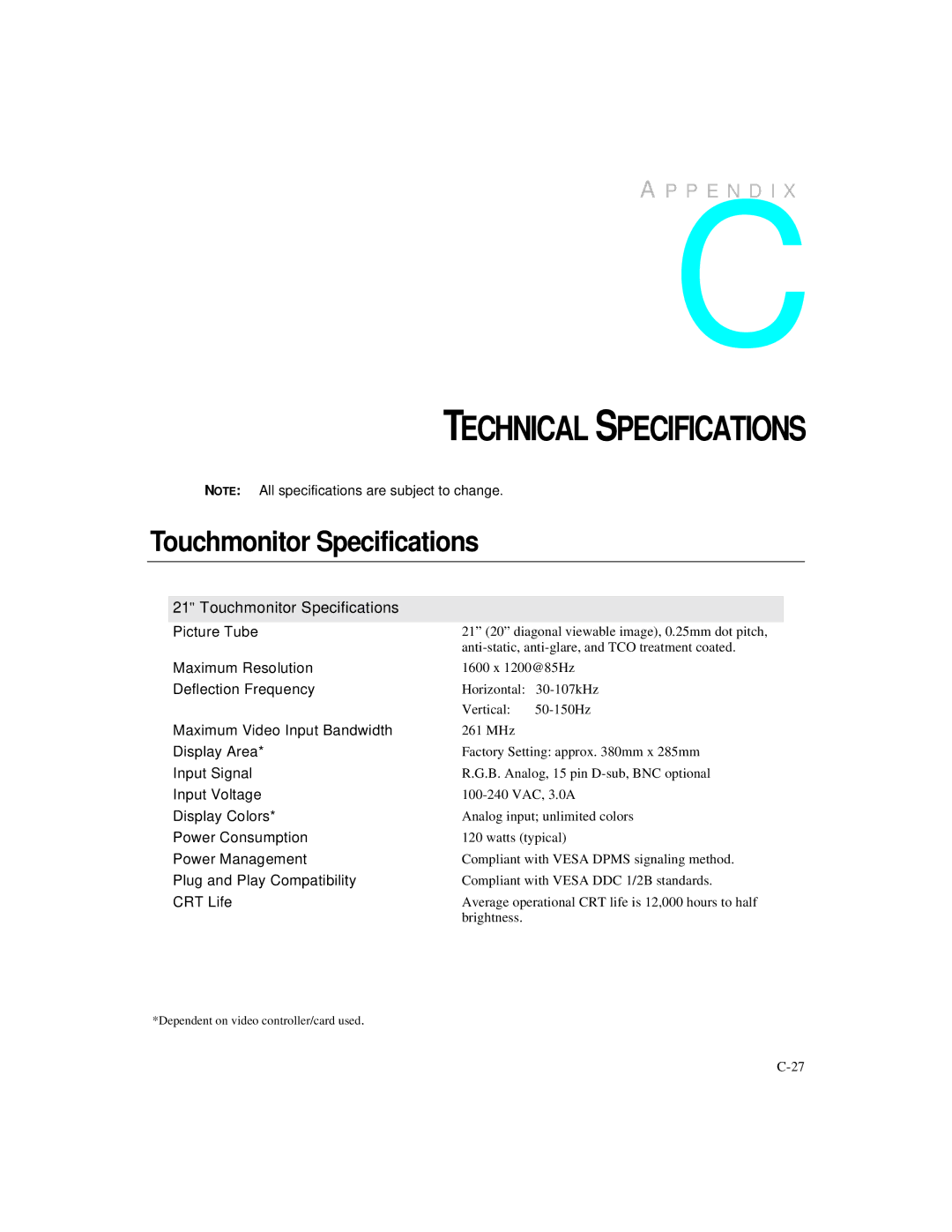 Elo TouchSystems 2125C manual Technical Specifications, Touchmonitor Specifications 