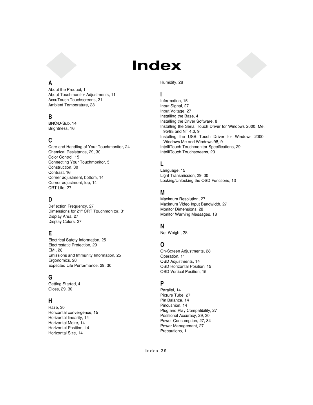 Elo TouchSystems 2125C manual Index 