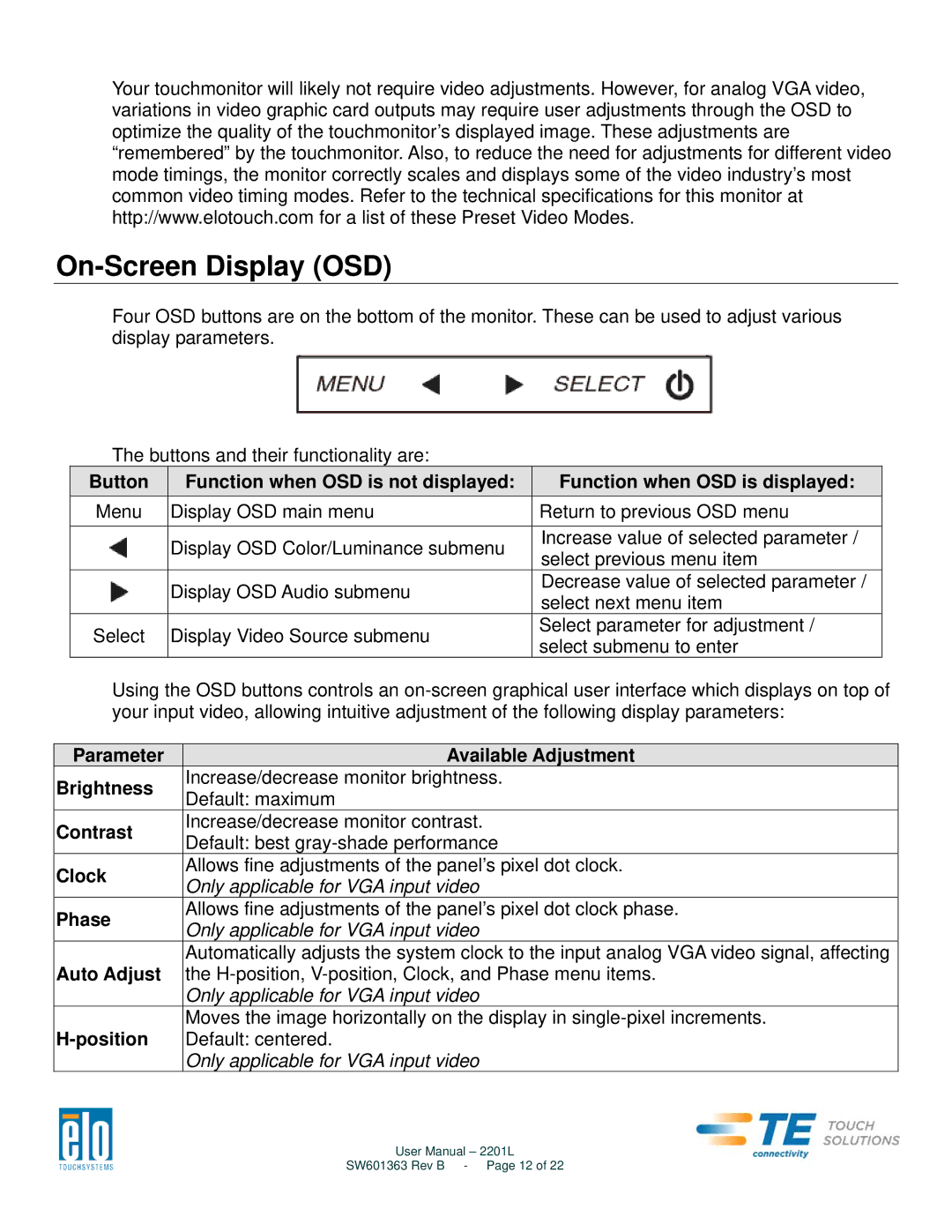 Elo TouchSystems 2201L user manual On-Screen Display OSD, Phase 