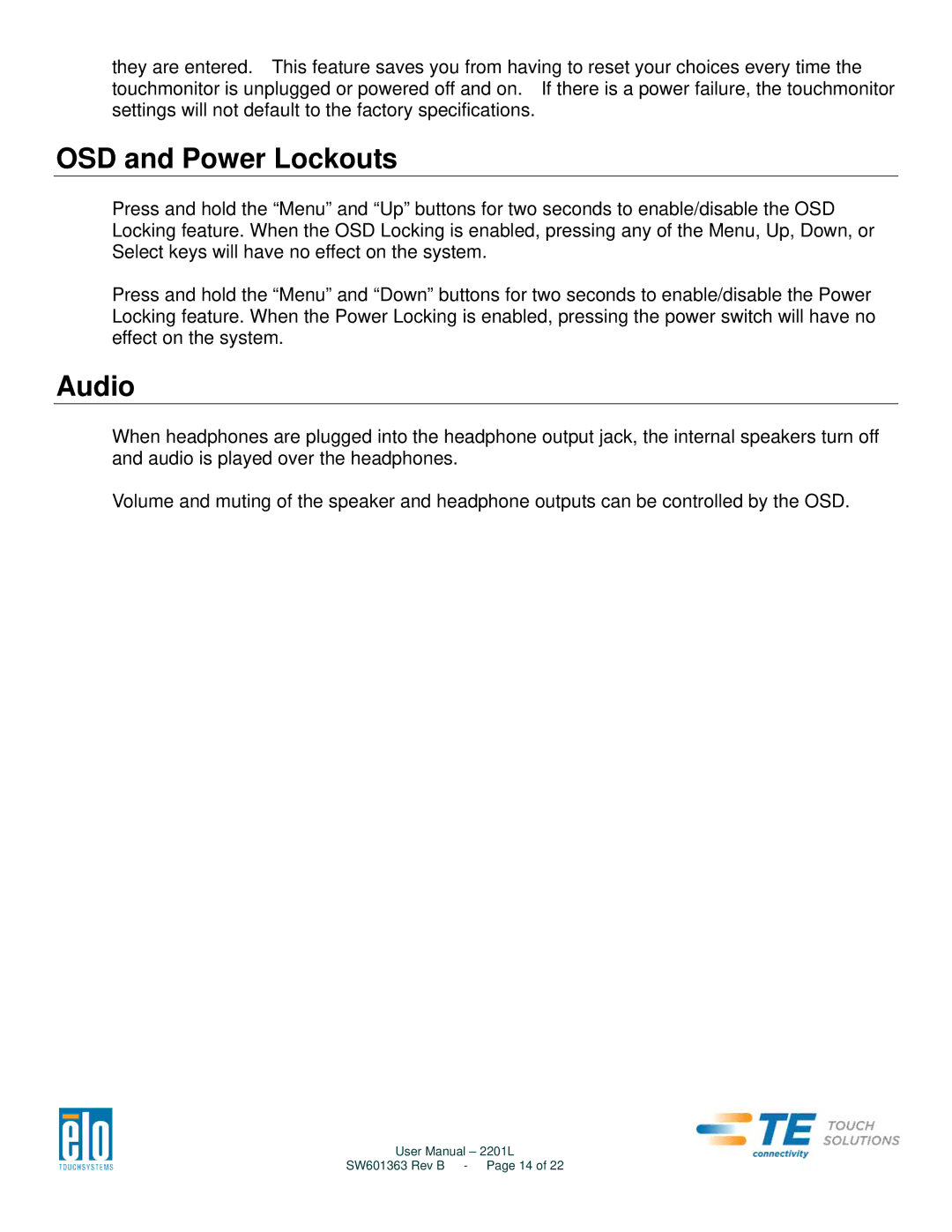 Elo TouchSystems 2201L user manual OSD and Power Lockouts, Audio 