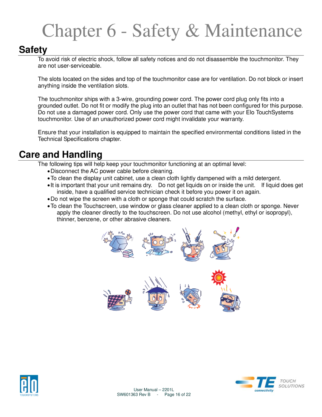 Elo TouchSystems 2201L user manual Safety & Maintenance, Care and Handling 