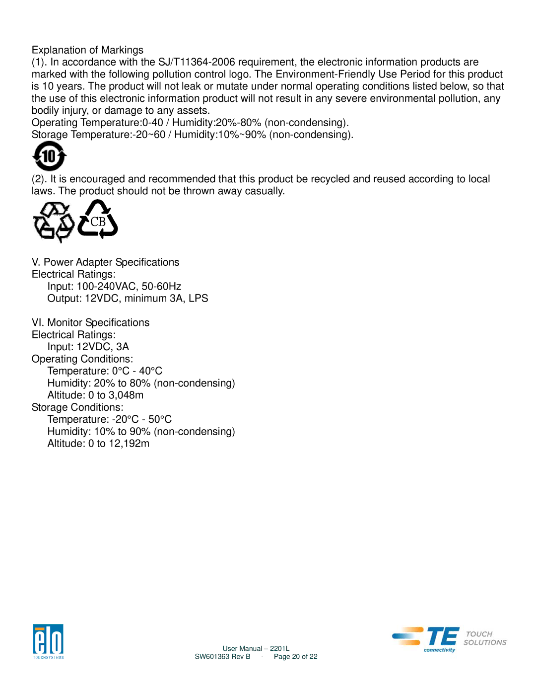 Elo TouchSystems 2201L user manual SW601363 Rev B Page 20 