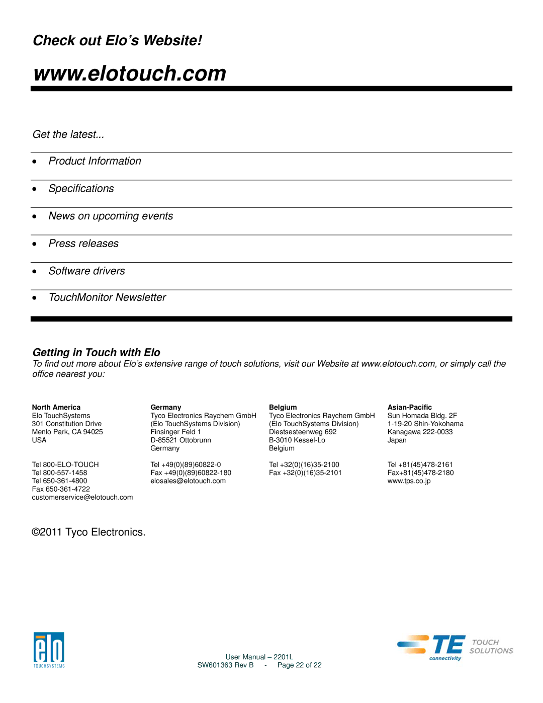 Elo TouchSystems 2201L user manual Check out Elo’s Website 