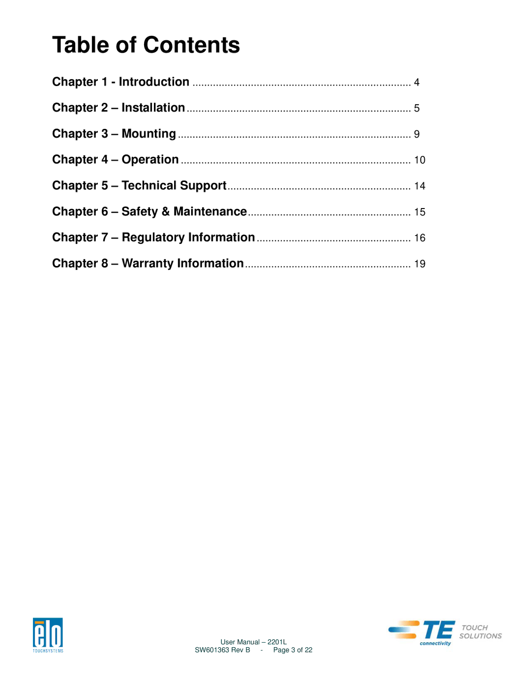 Elo TouchSystems 2201L user manual Table of Contents 