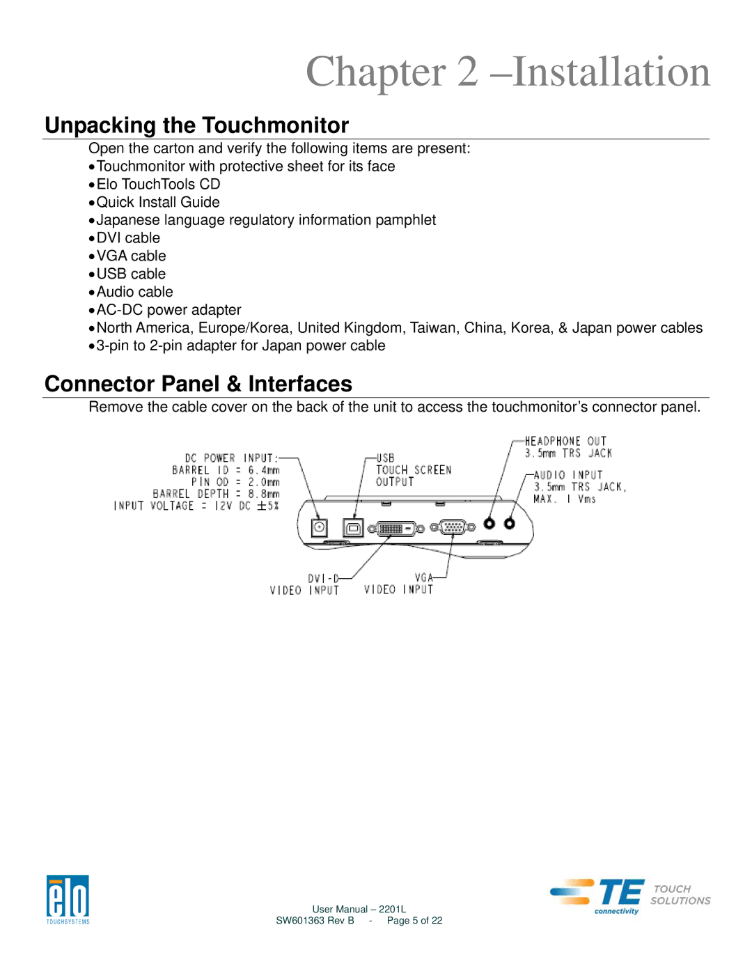 Elo TouchSystems 2201L user manual Installation, Unpacking the Touchmonitor, Connector Panel & Interfaces 