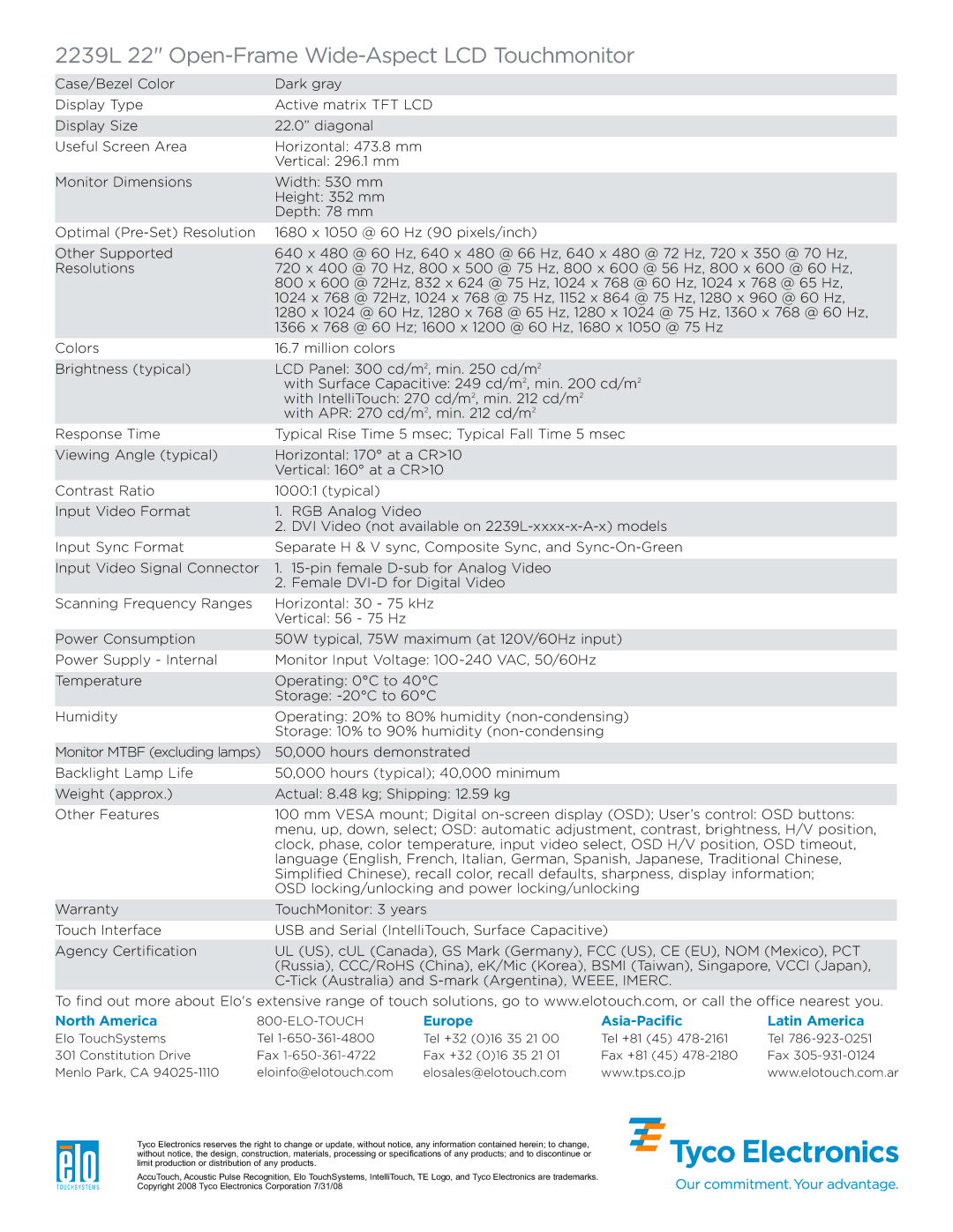 Elo TouchSystems 2239L 22 Open-Frame Wide-AspectLCDTouchmonitor, North America, Europe Asia-Pacific Latin America 