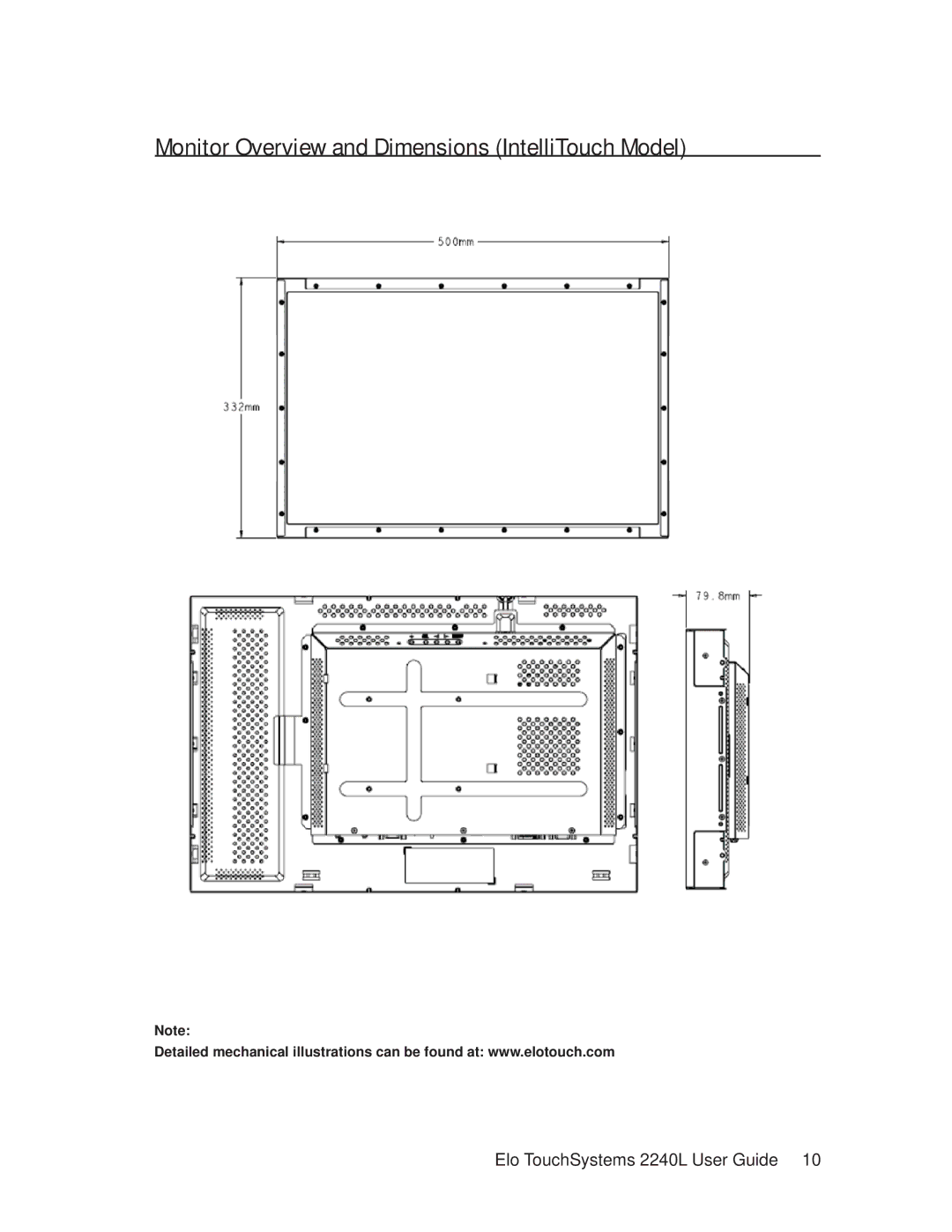 Elo TouchSystems 2240L manual Monitor Overview and Dimensions IntelliTouch Model 