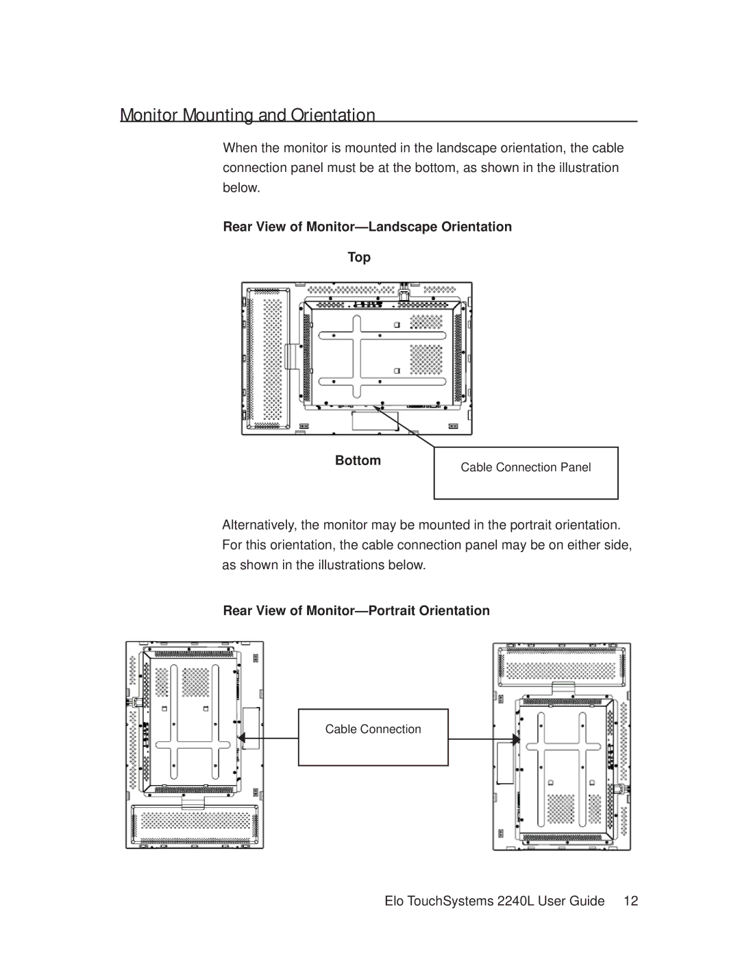 Elo TouchSystems 2240L manual Monitor Mounting and Orientation, Rear View of Monitor-Landscape Orientation Top Bottom 