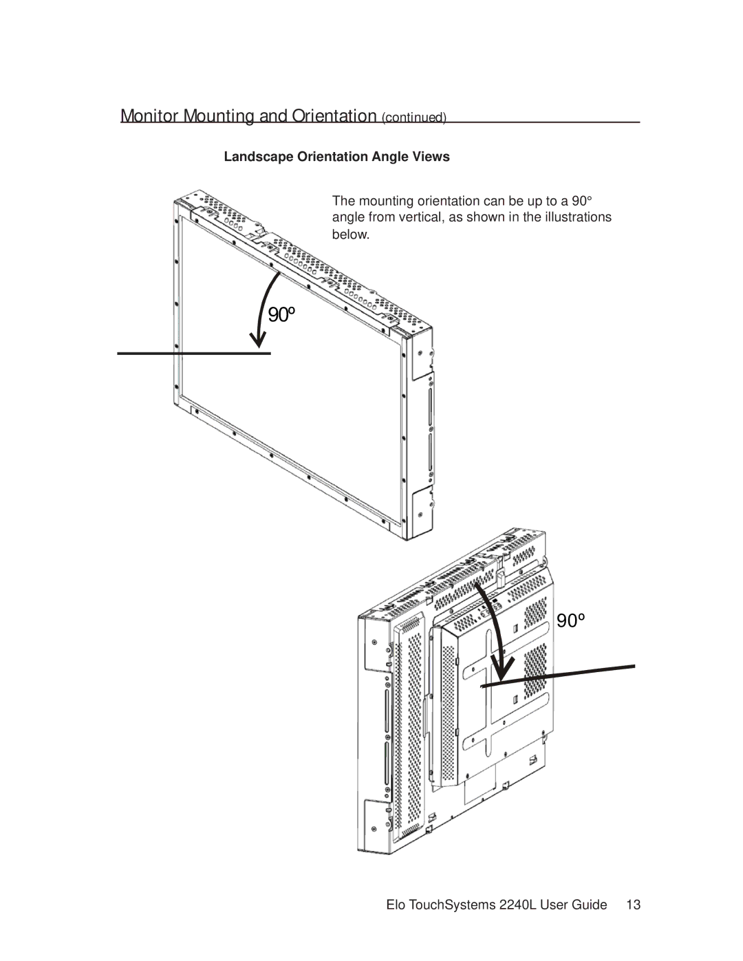 Elo TouchSystems 2240L manual 90º, Landscape Orientation Angle Views 