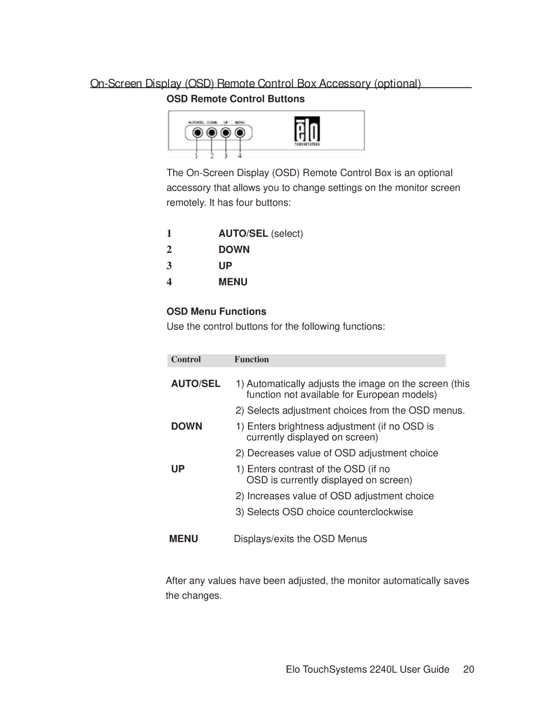 Elo TouchSystems 2240L manual OSD Remote Control Buttons, AUTO/SEL select, OSD Menu Functions 