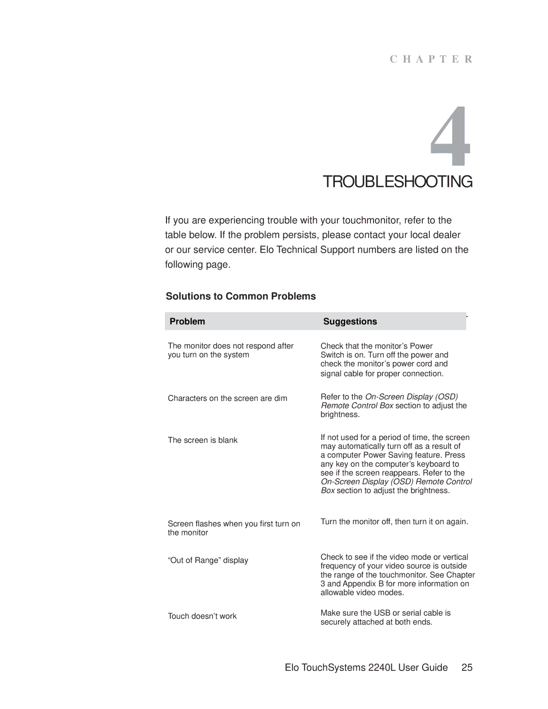 Elo TouchSystems 2240L manual Troubleshooting, Solutions to Common Problems 