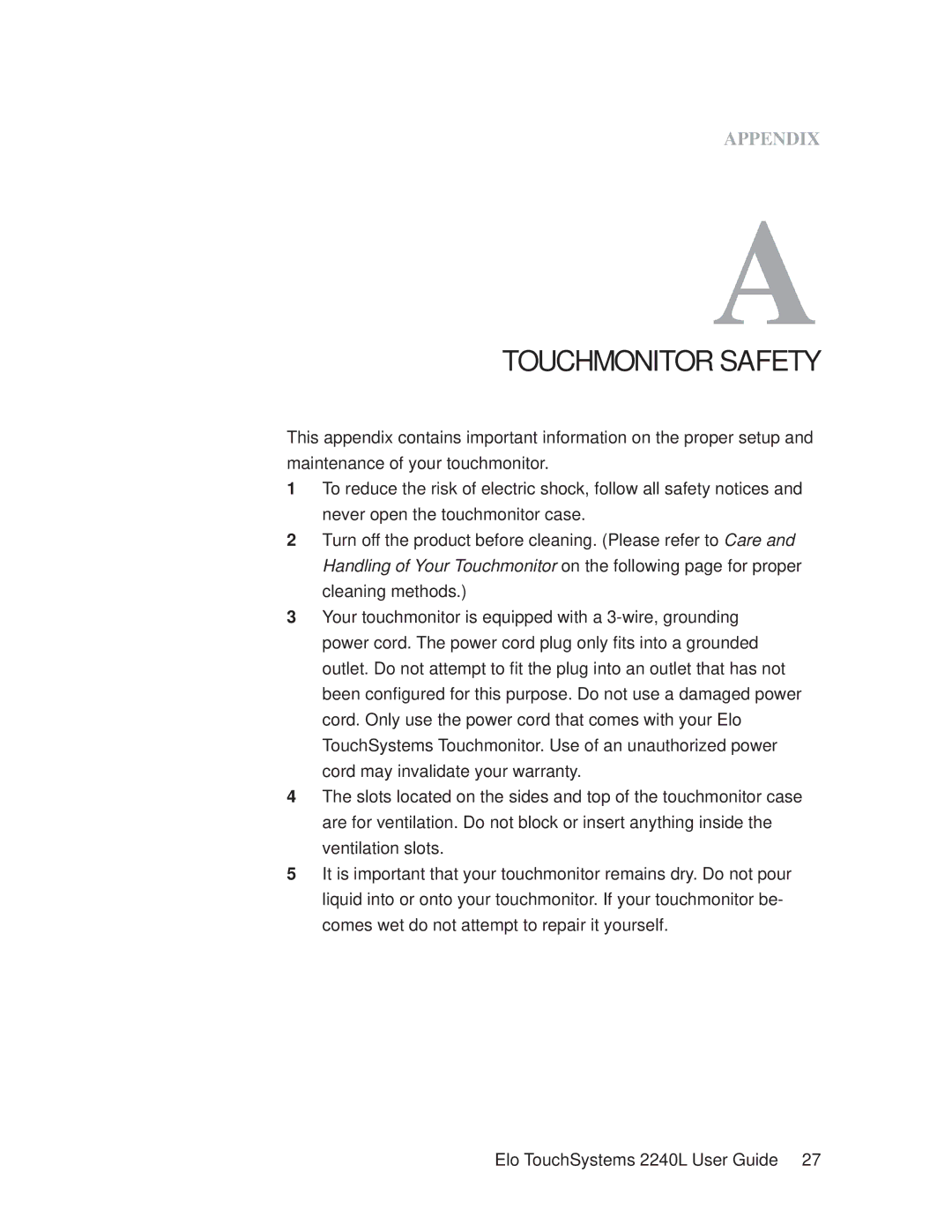 Elo TouchSystems 2240L manual Touchmonitor Safety 