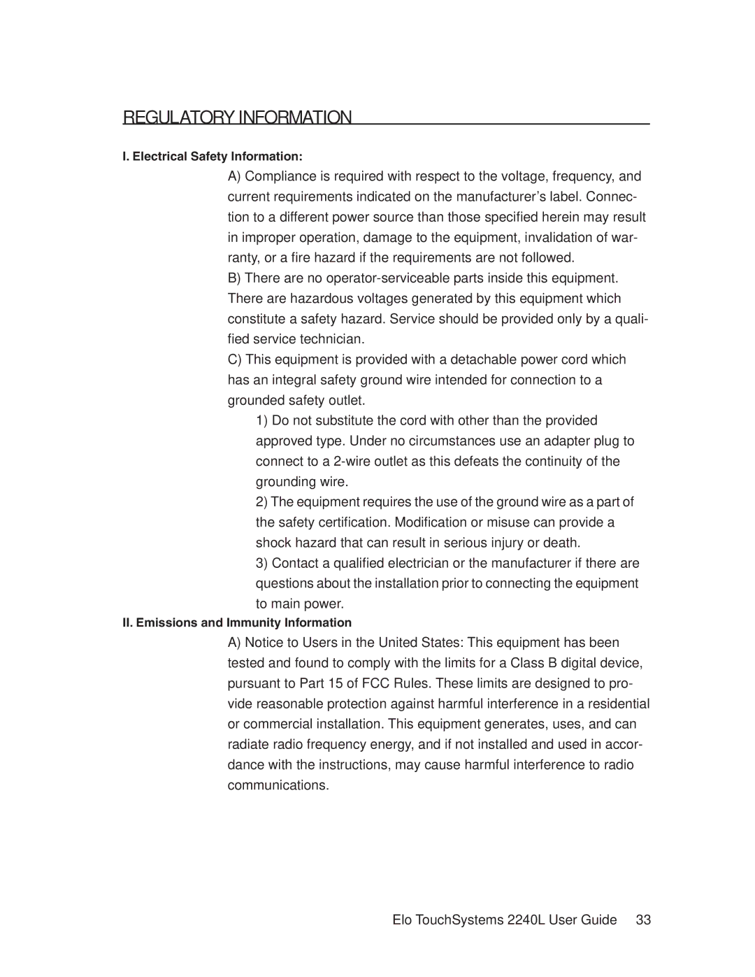 Elo TouchSystems 2240L manual Regulatory Information 