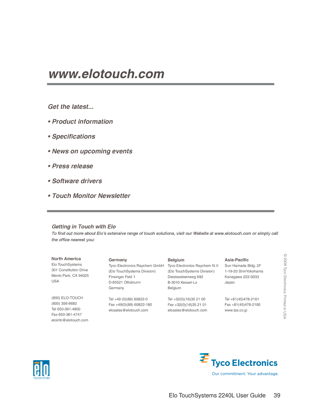 Elo TouchSystems 2240L manual Getting in Touch with Elo 