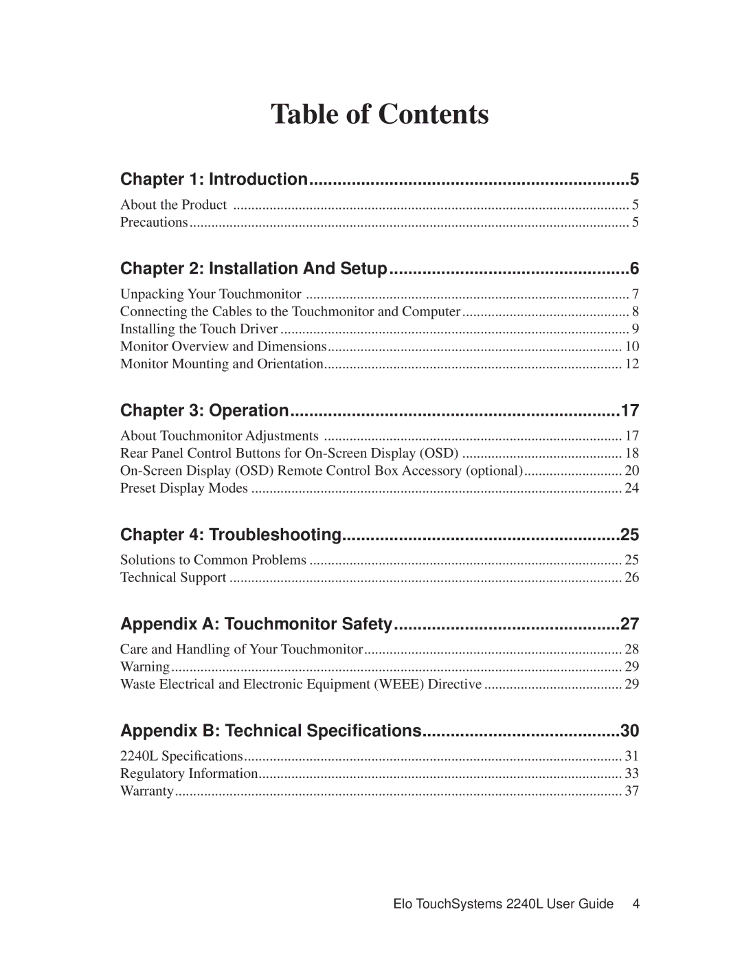 Elo TouchSystems 2240L manual Table of Contents 