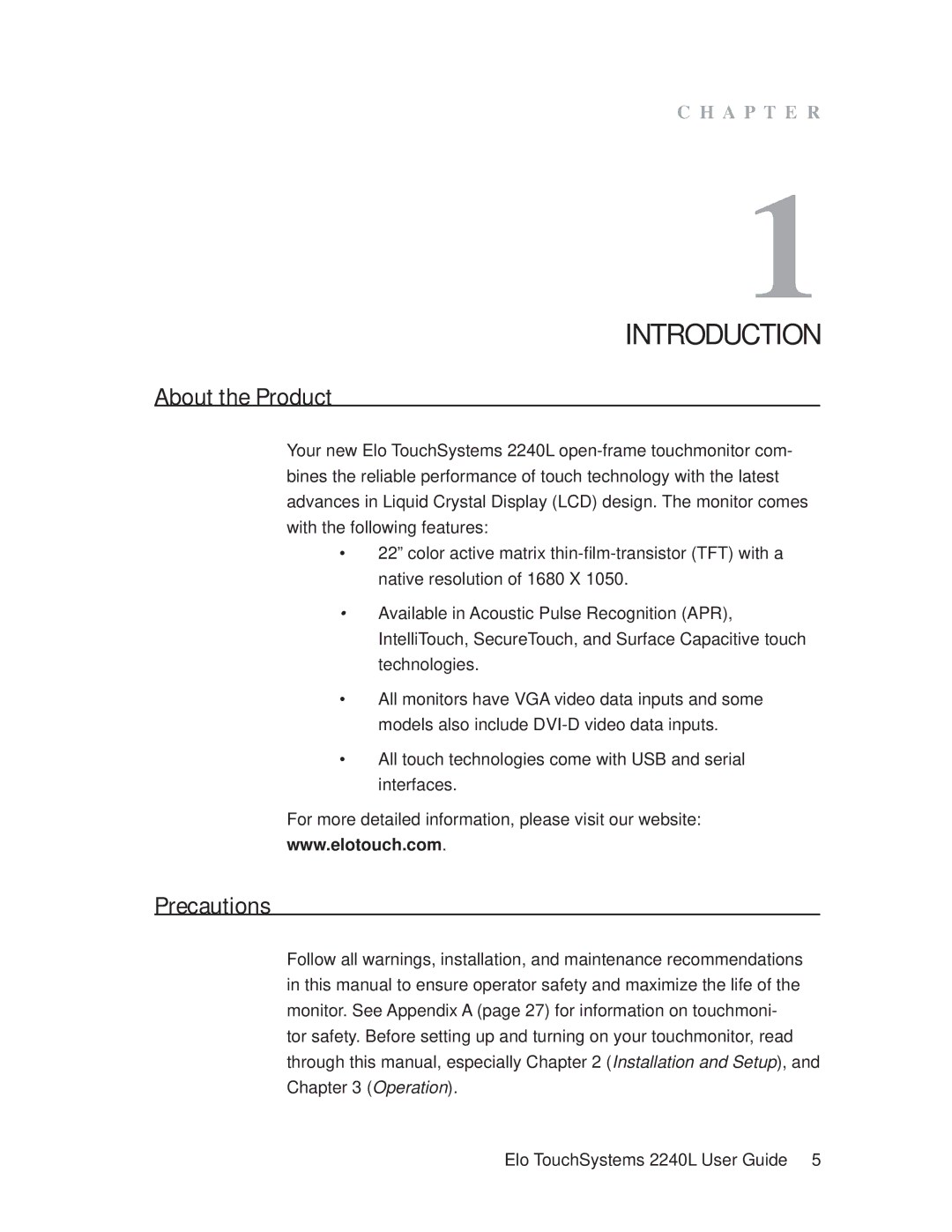 Elo TouchSystems 2240L manual Introduction, About the Product, Precautions 