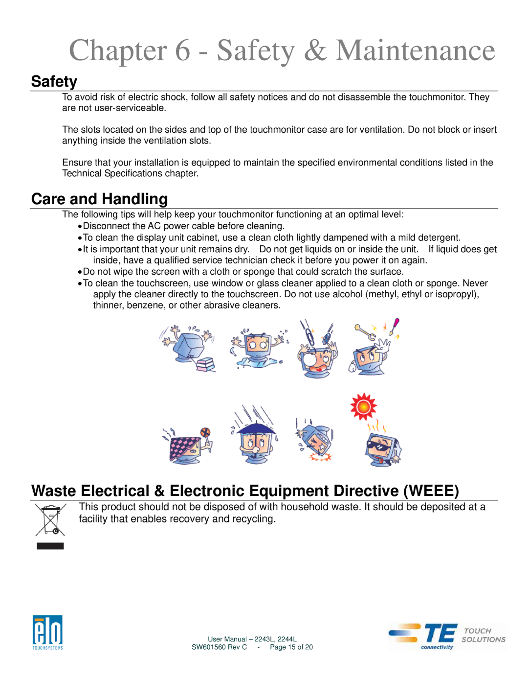 Elo TouchSystems 2243L Safety & Maintenance, Care and Handling, Waste Electrical & Electronic Equipment Directive Weee 