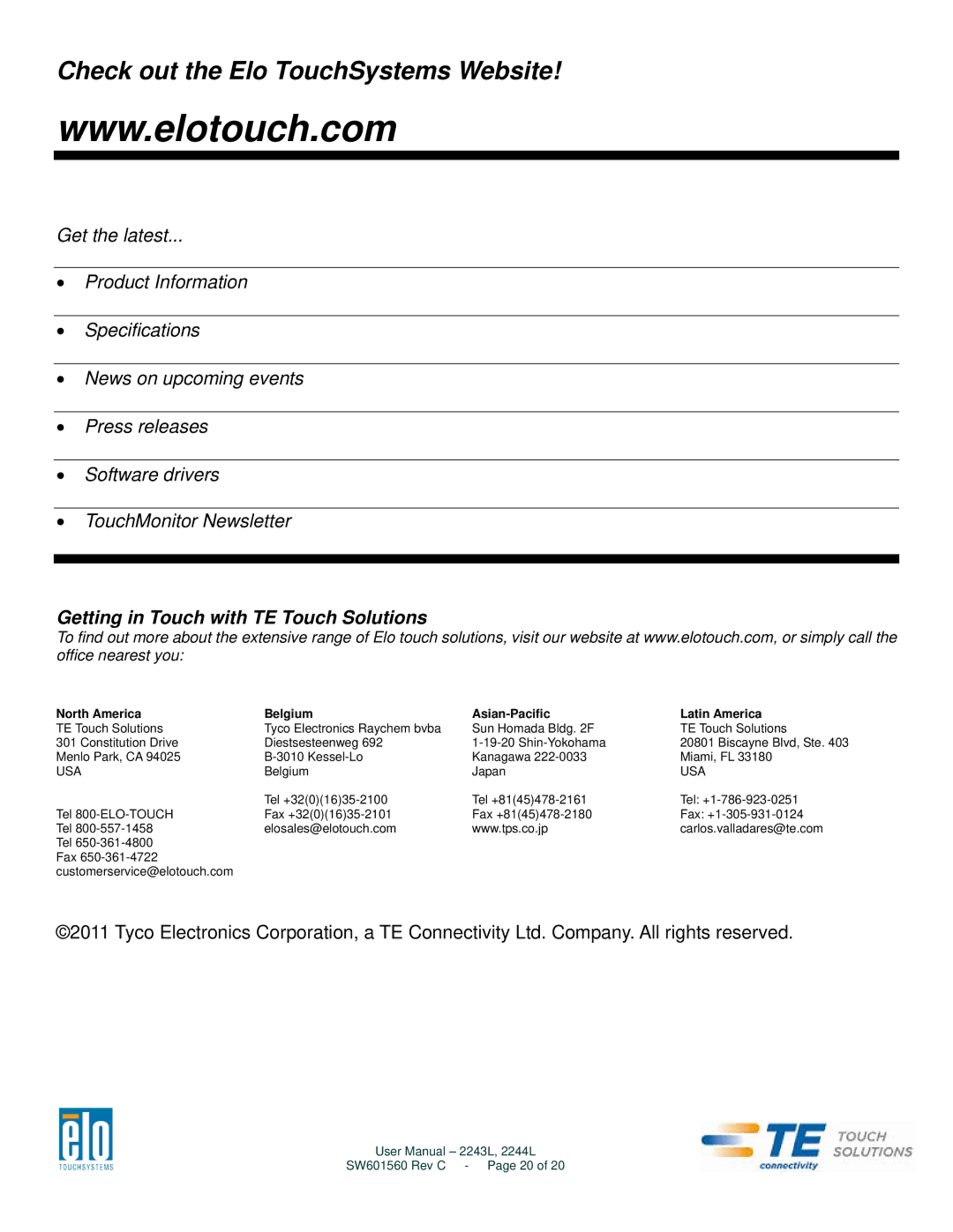 Elo TouchSystems 2243L user manual Check out the Elo TouchSystems Website 