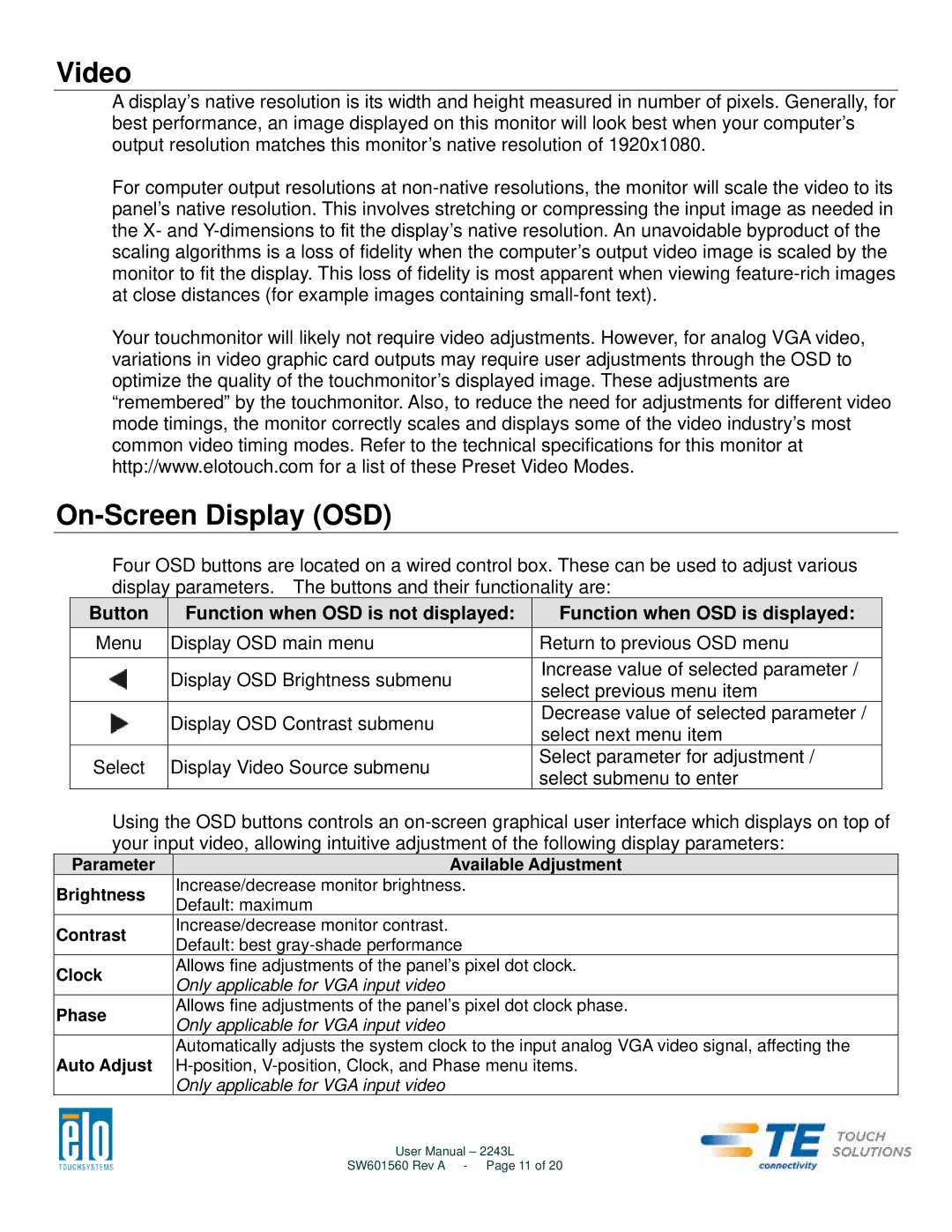 Elo TouchSystems 2243L user manual Video, On-Screen Display OSD 