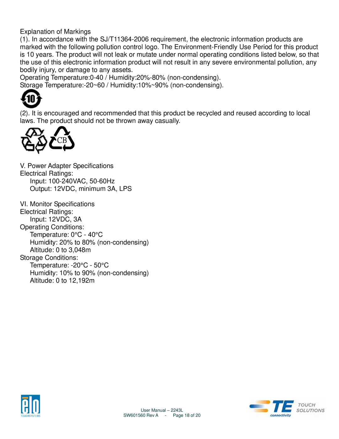 Elo TouchSystems 2243L user manual SW601560 Rev a Page 18 