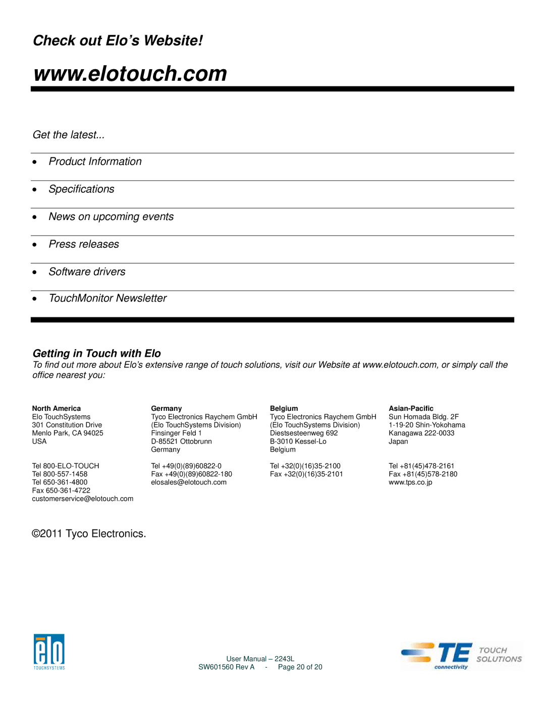 Elo TouchSystems 2243L user manual Check out Elo’s Website 