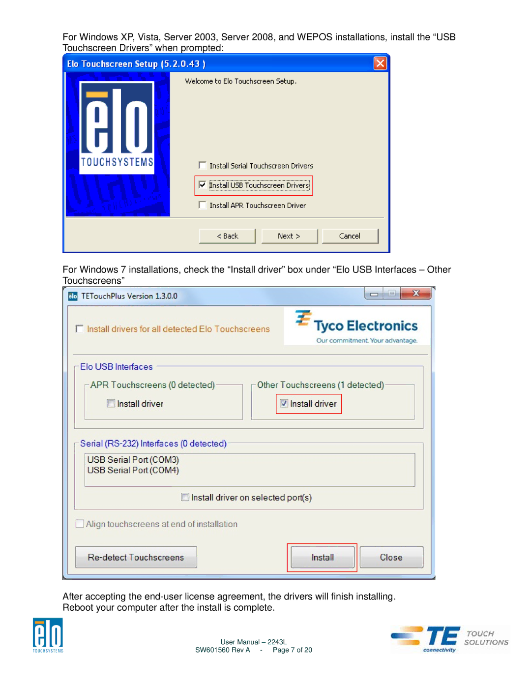 Elo TouchSystems 2243L user manual SW601560 Rev a Page 7 