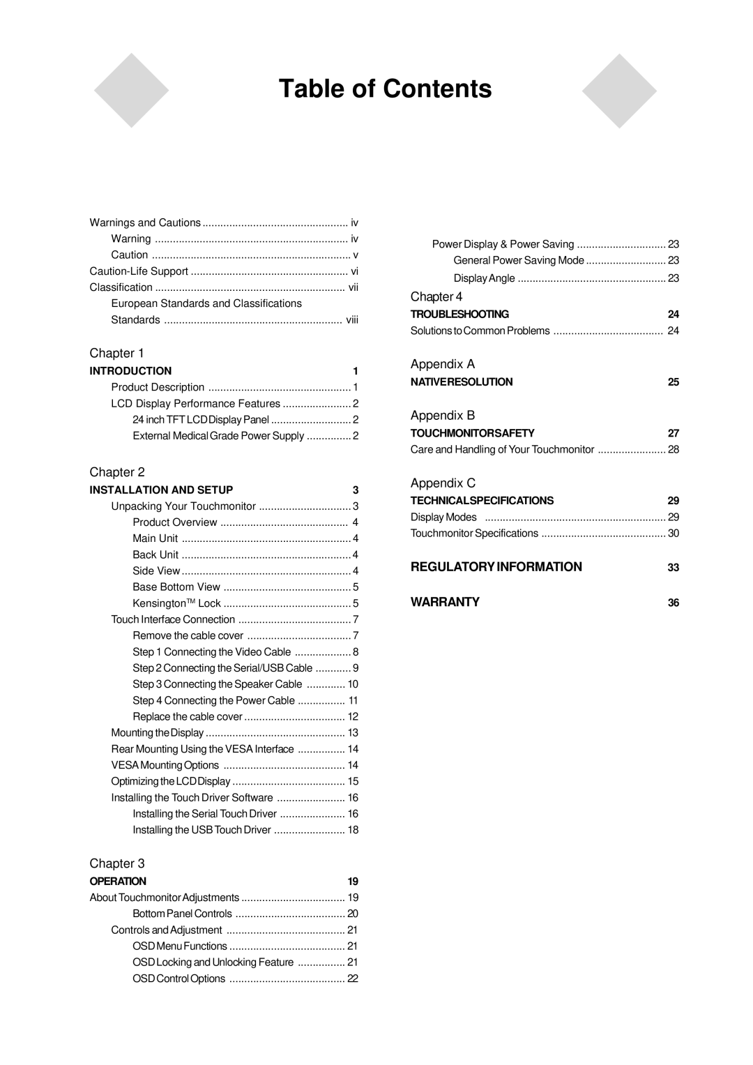 Elo TouchSystems 2400LM manual Table of Contents 