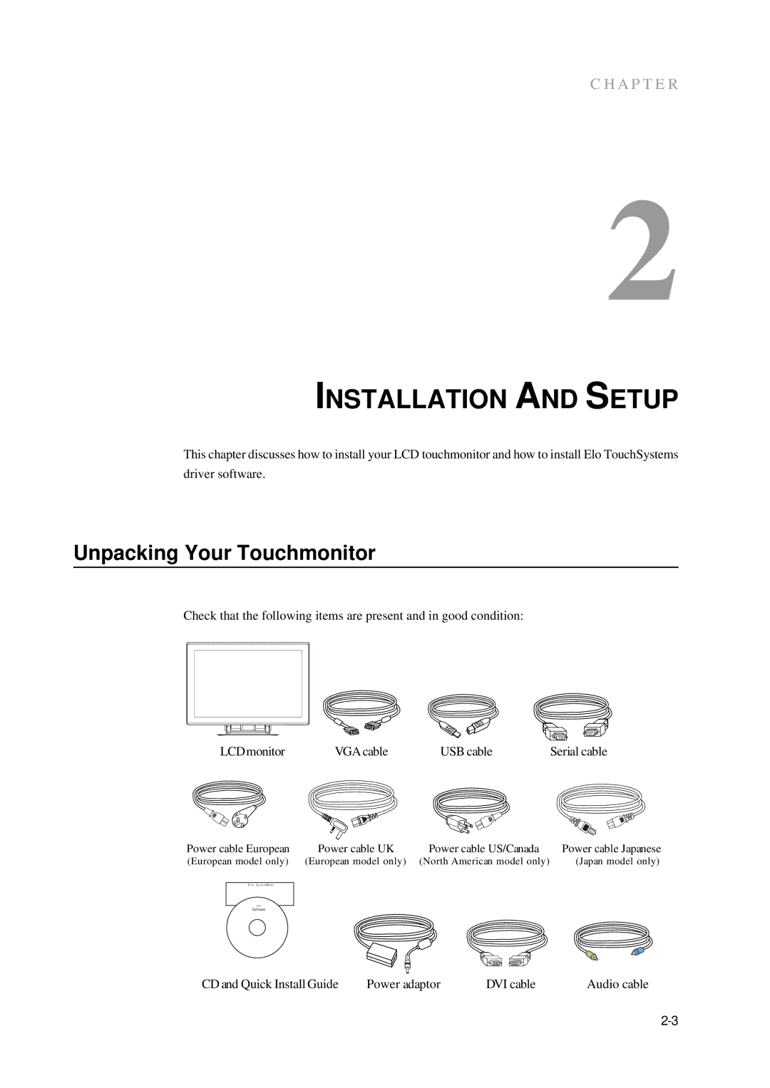 Elo TouchSystems 2400LM manual Installation and Setup, Unpacking Your Touchmonitor 